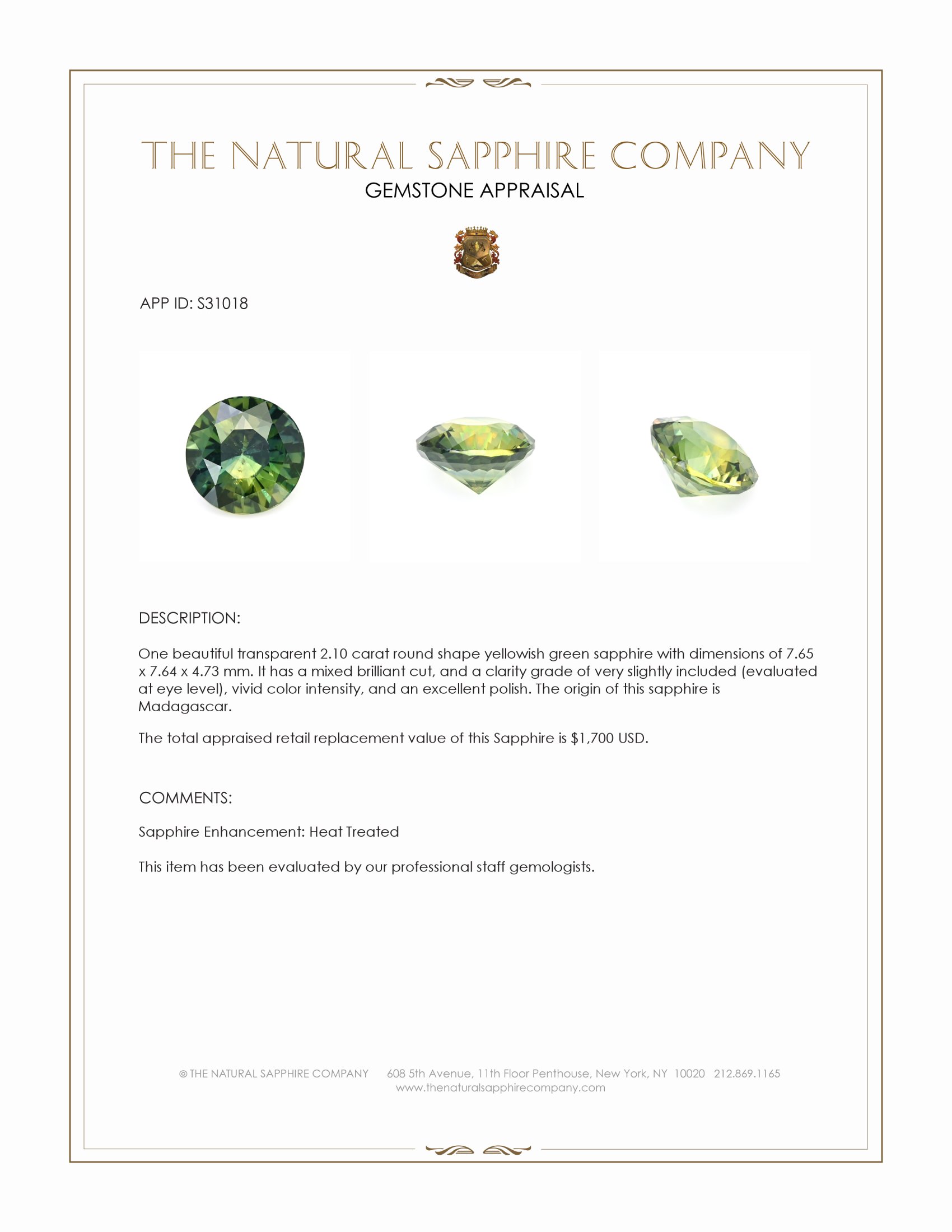 2.10 Ct. Yellowish Green Sapphire from Madagascar