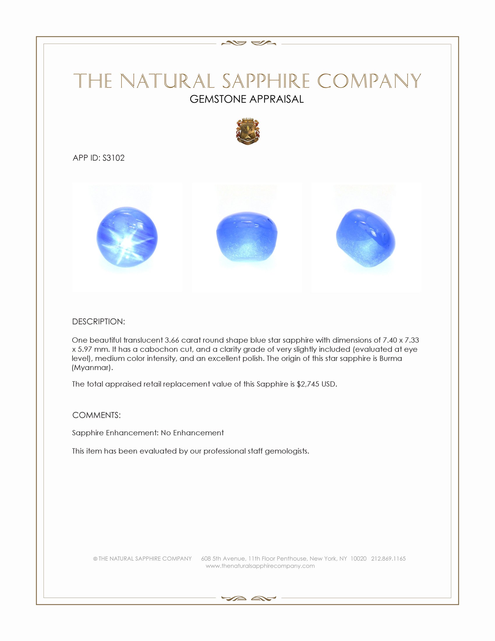 3.66 Ct. Blue Star Sapphire from Burma (Myanmar)