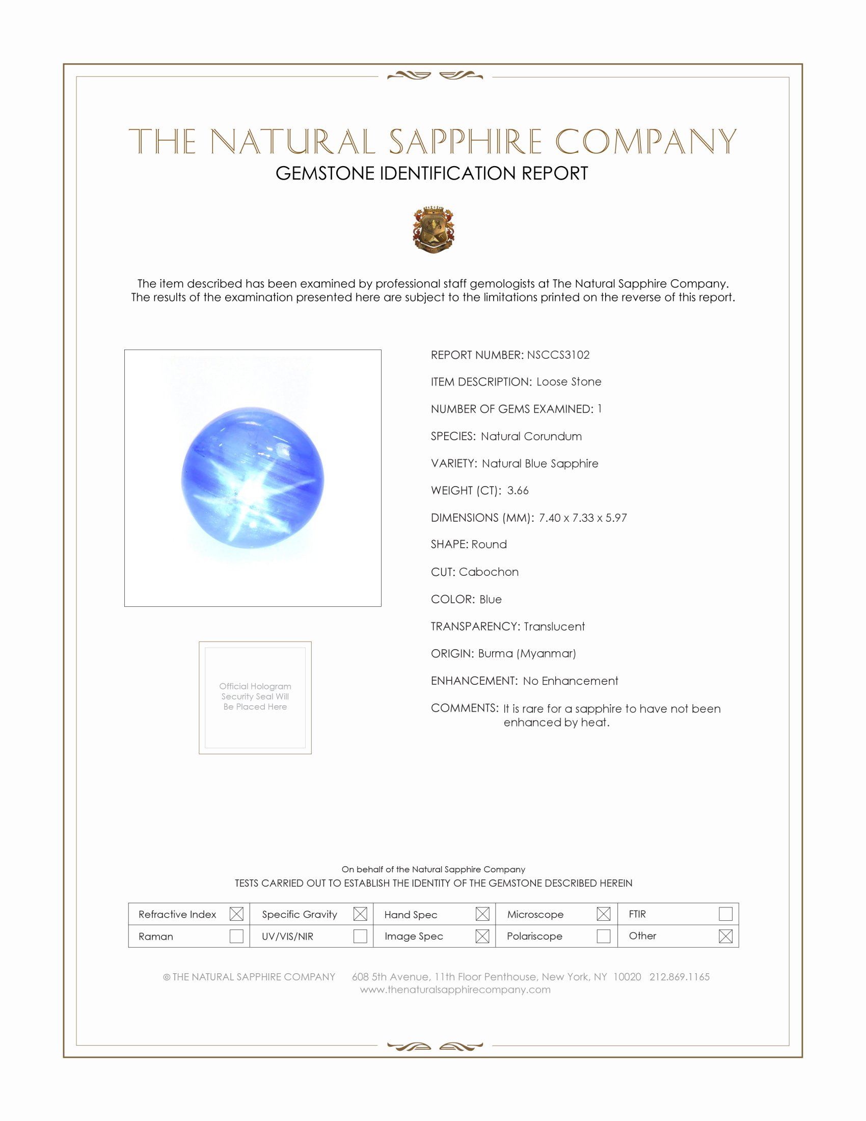 3.66 Ct. Blue Star Sapphire from Burma (Myanmar)