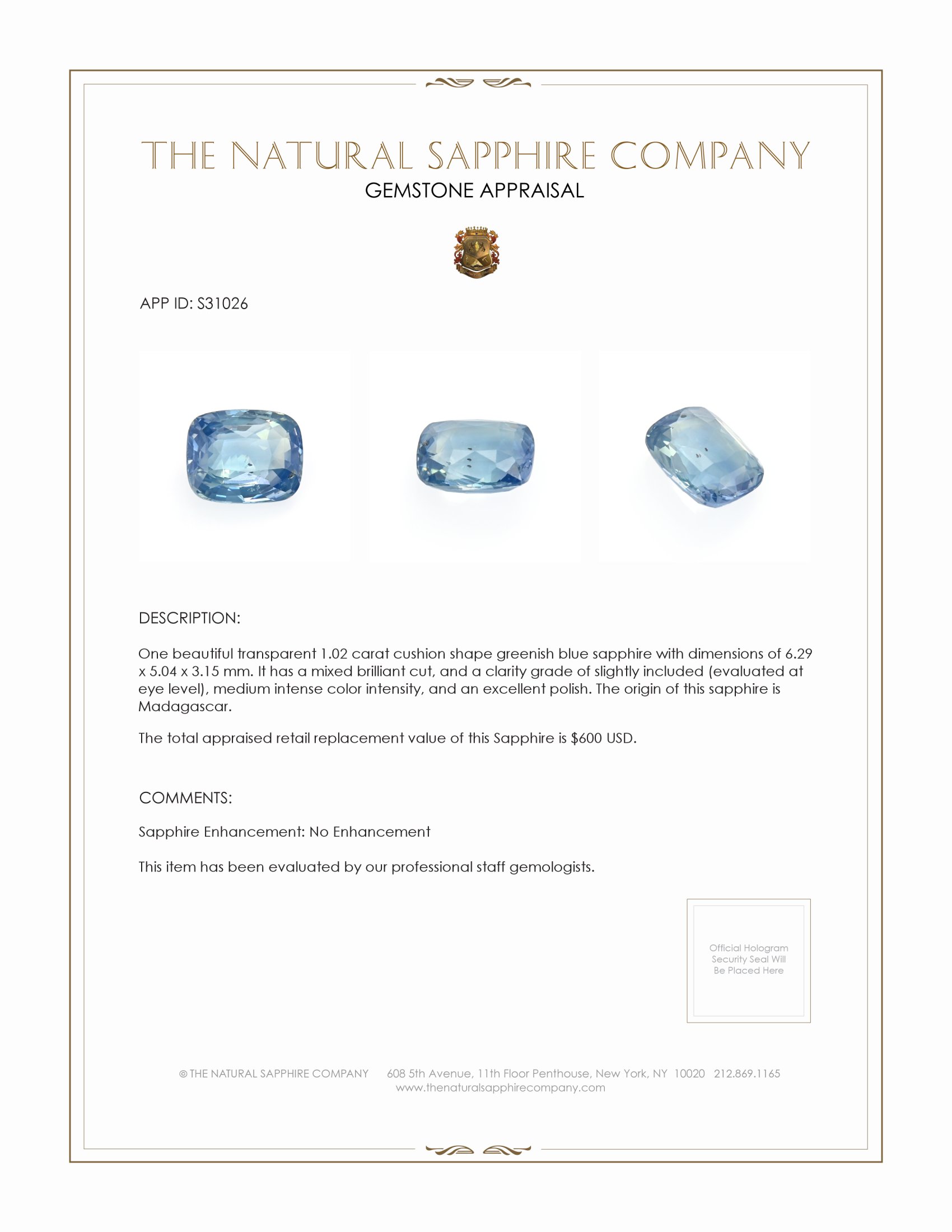 1.02 Ct. Greenish Blue Sapphire from Madagascar
