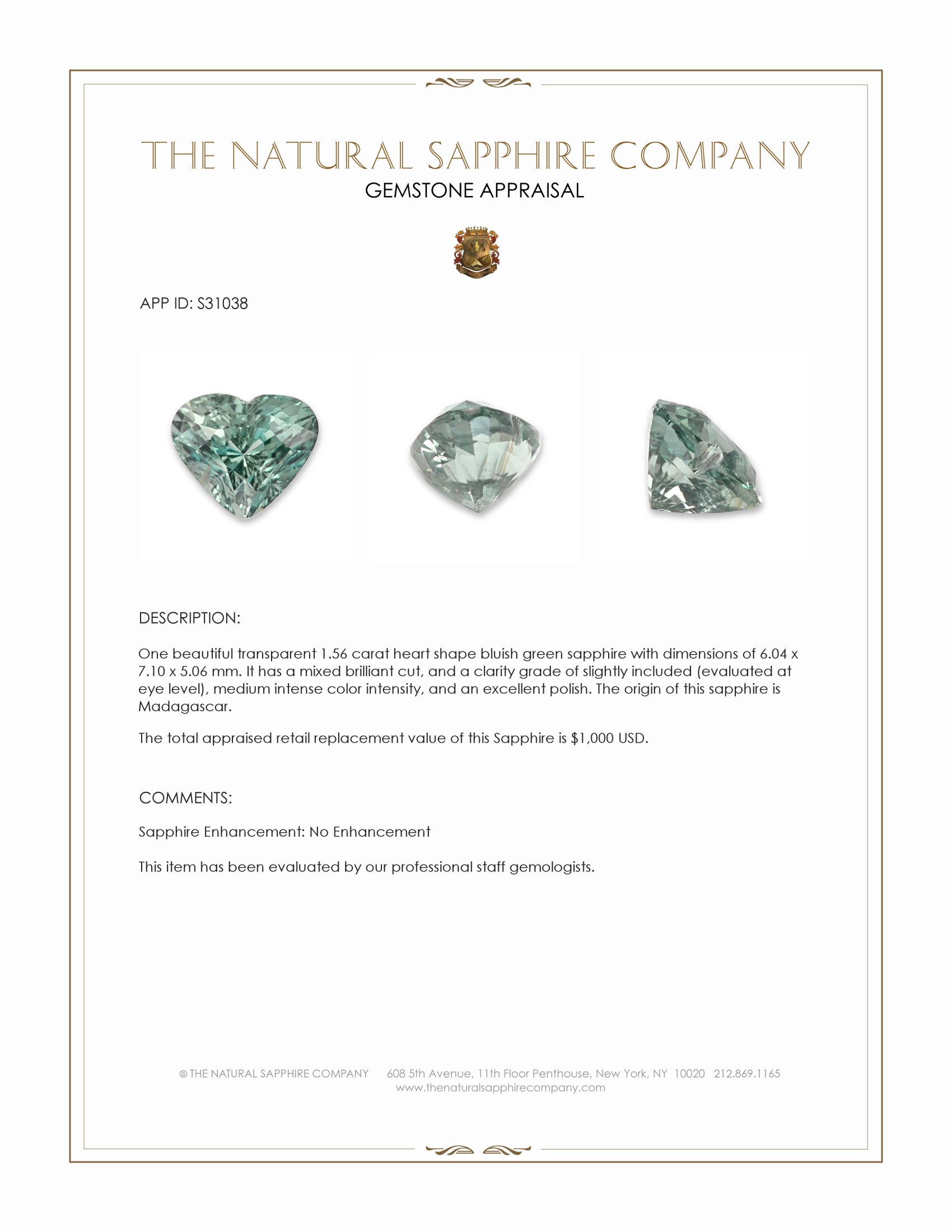 1.56 Ct. Bluish Green Sapphire from Madagascar