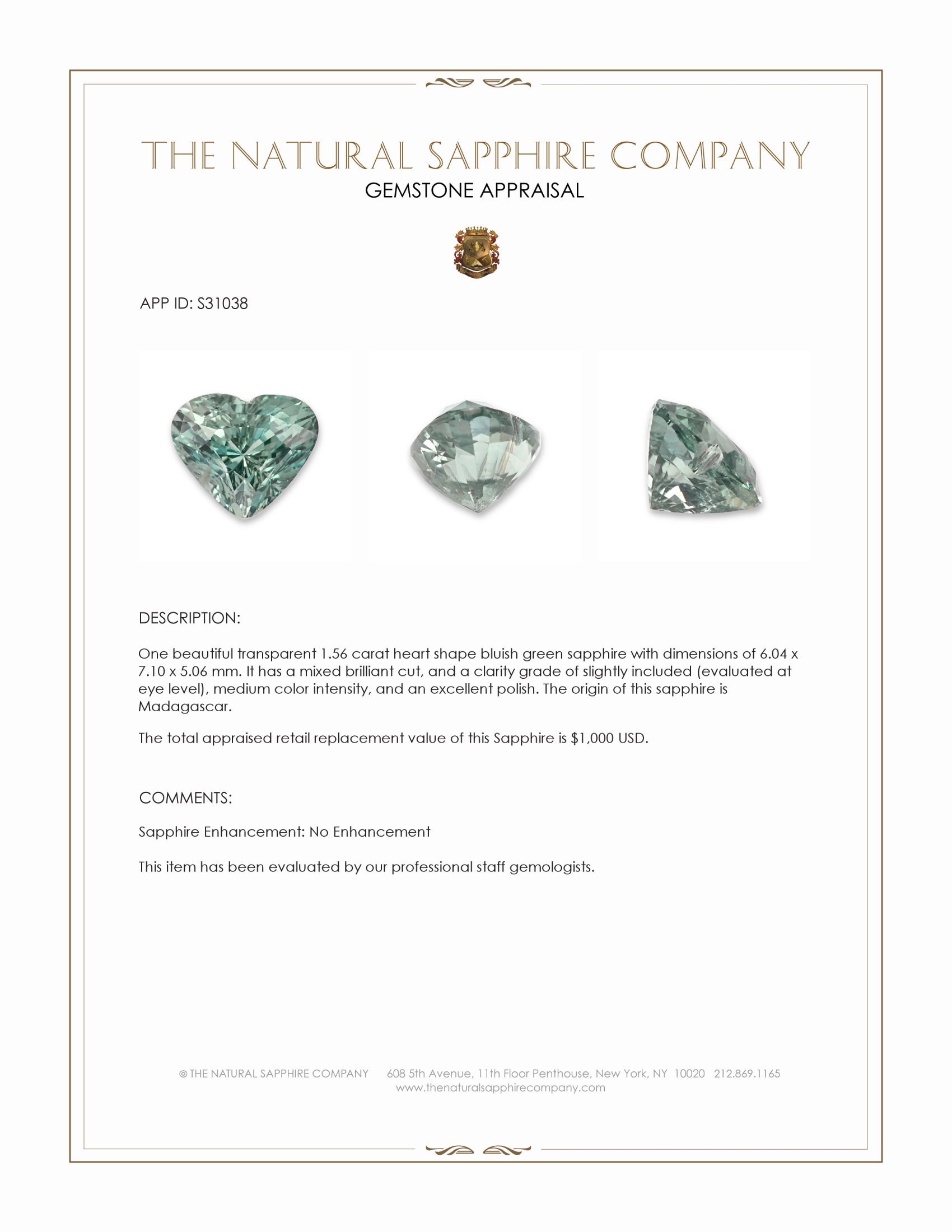 1.56 Ct. Bluish Green Sapphire from Madagascar