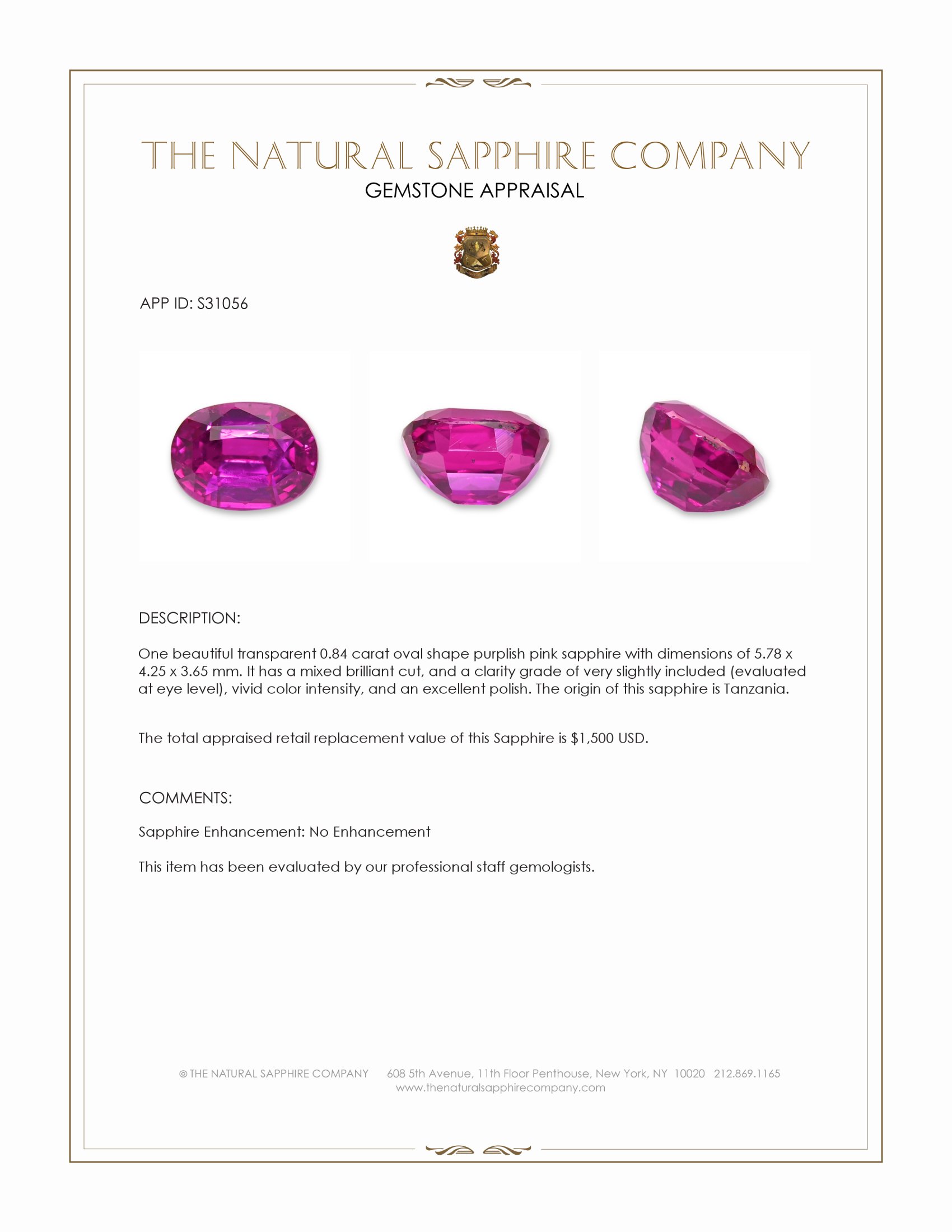0.84 Ct. Purplish Pink Sapphire from Tanzania