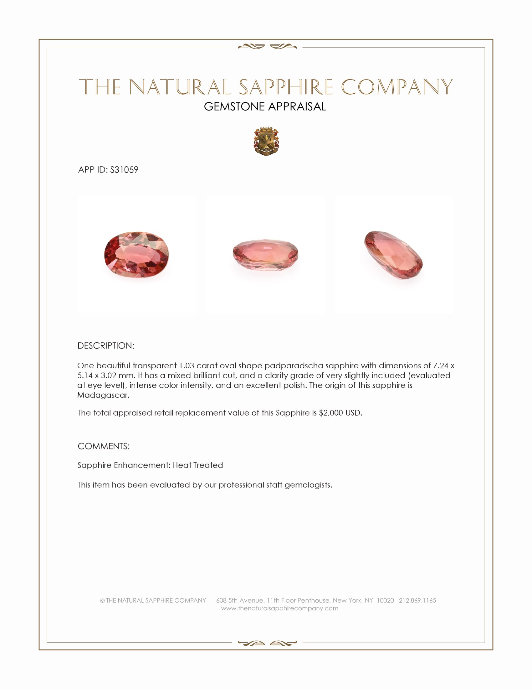1.03 Ct. Padparadscha Sapphire from Madagascar