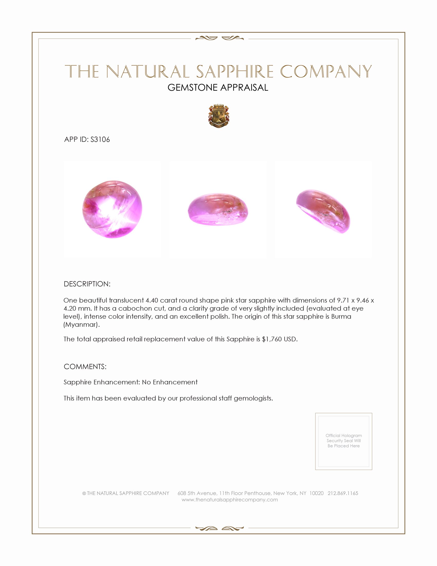 4.40 Ct. Pink Star Sapphire from Burma (Myanmar)