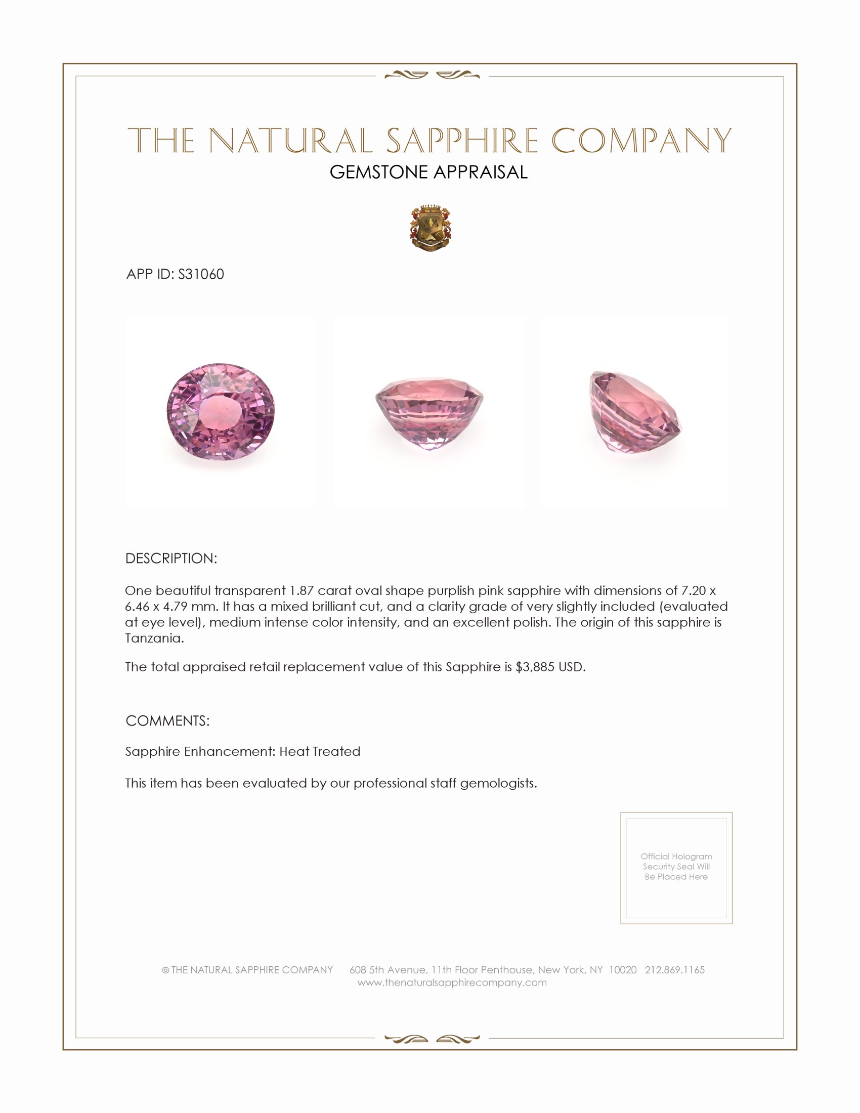 1.87 Ct. Purplish Pink Sapphire from Tanzania