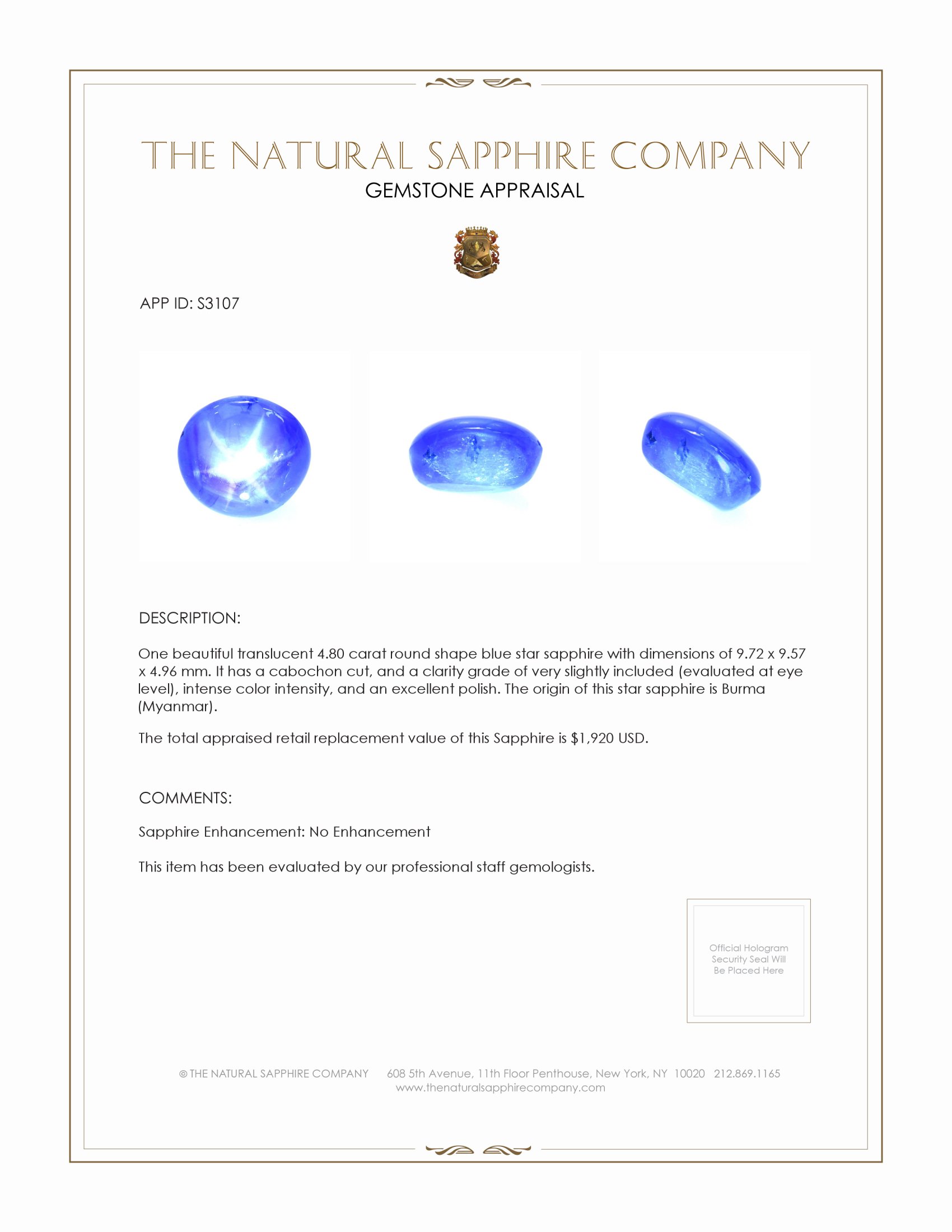 4.80 Ct. Blue Star Sapphire from Burma (Myanmar)