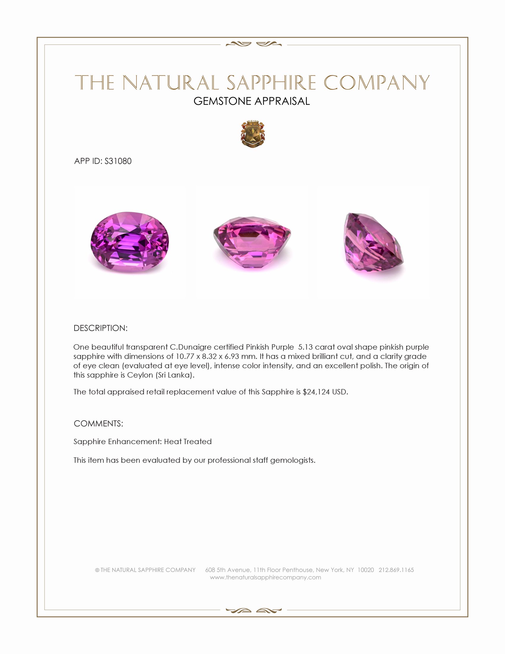 5.13 Ct. Pinkish Purple Sapphire from Ceylon (Sri Lanka)