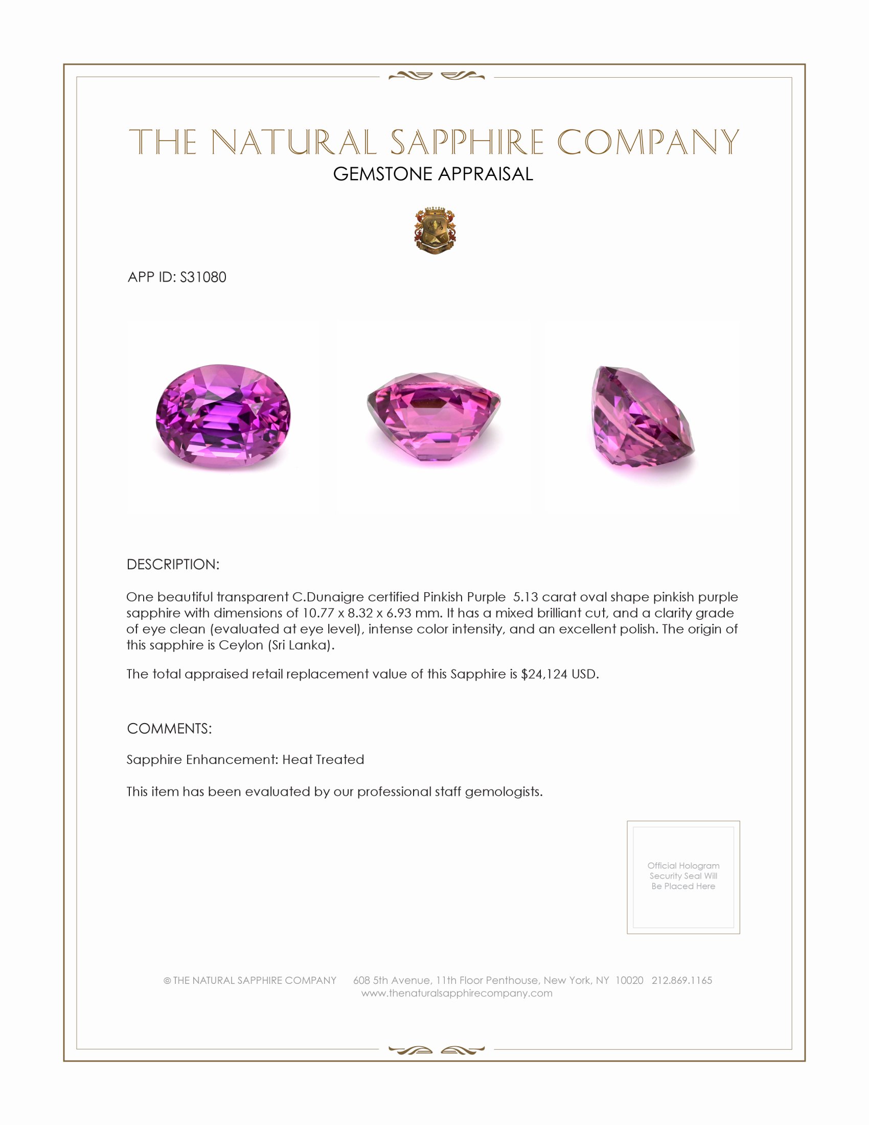 5.13 Ct. Pinkish Purple Sapphire from Ceylon (Sri Lanka)