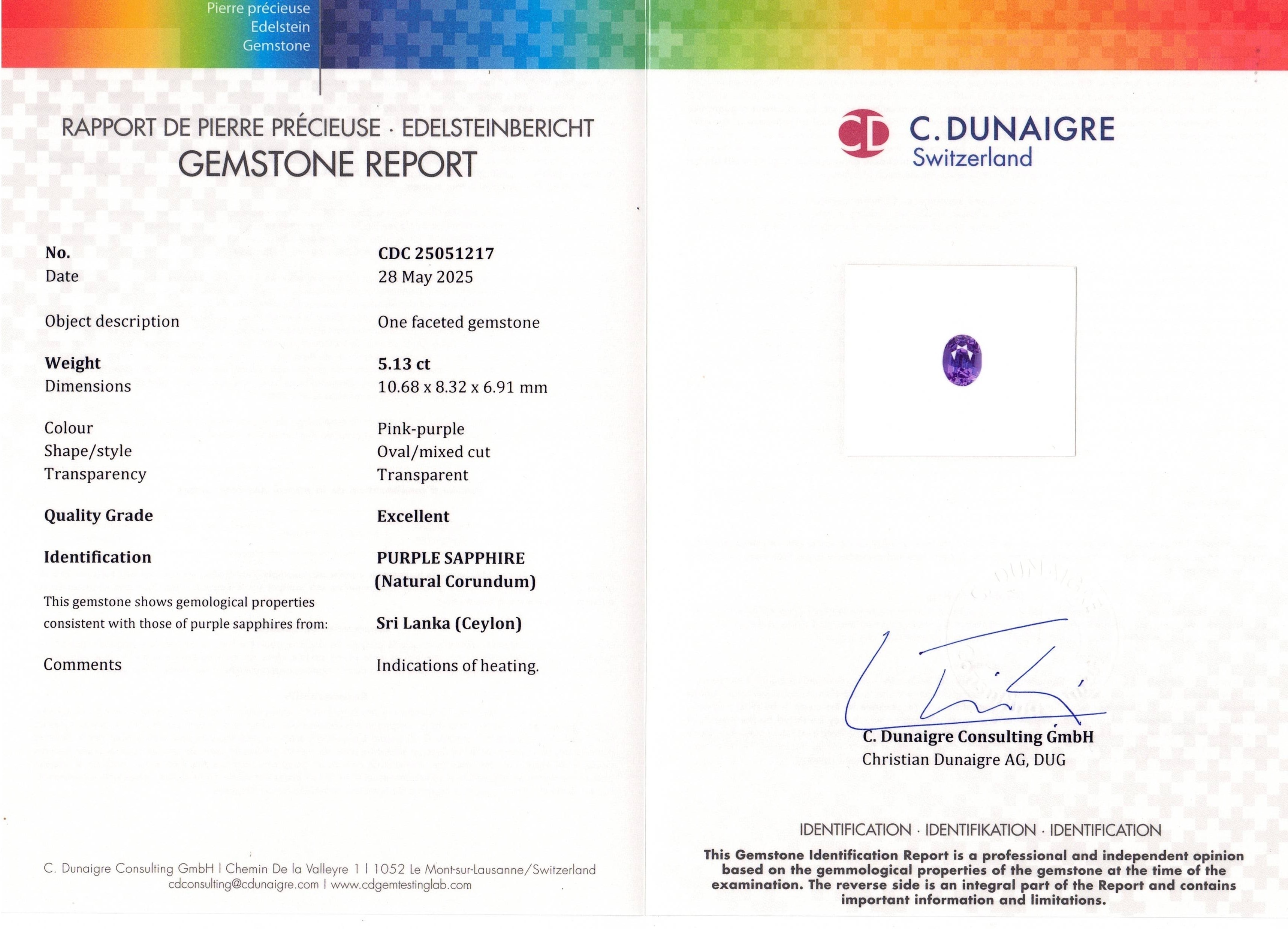 5.13 Ct. Pinkish Purple Sapphire from Ceylon (Sri Lanka)