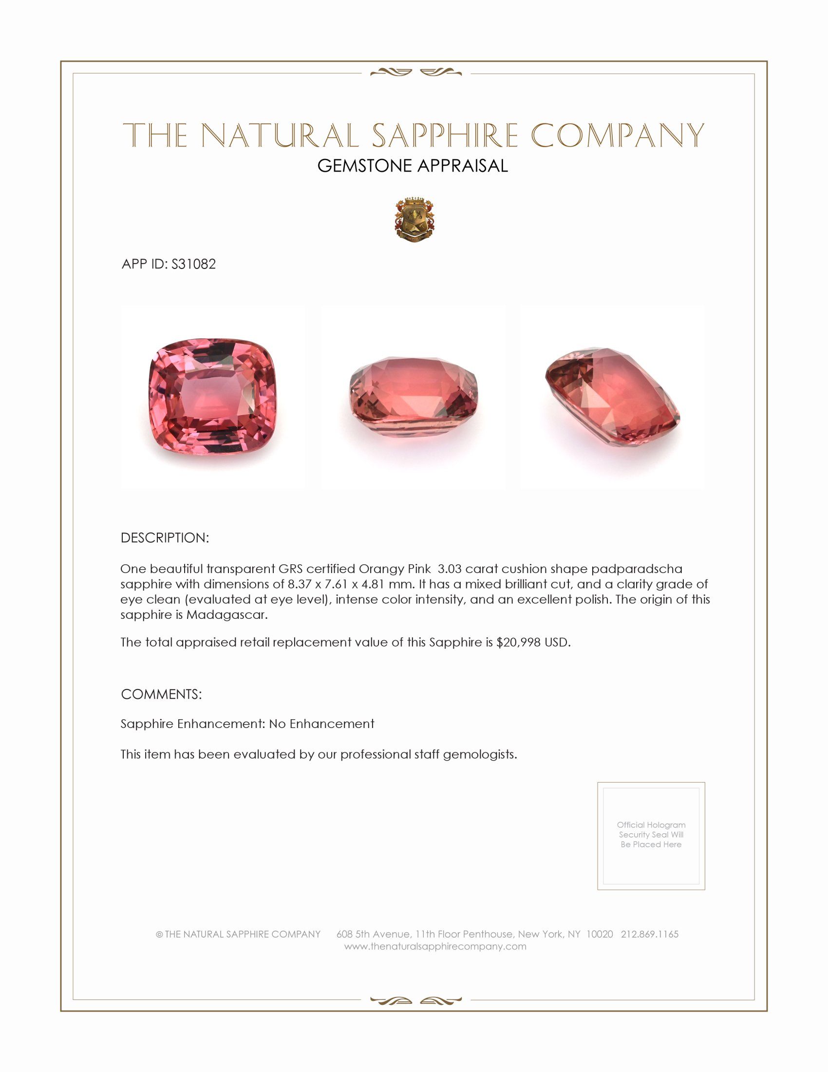 3.03 Ct. Padparadscha Sapphire from Madagascar