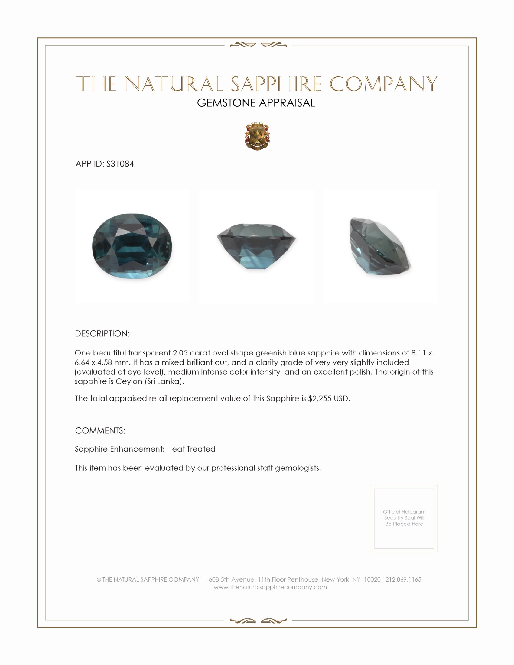 2.05 Ct. Greenish Blue Sapphire from Ceylon (Sri Lanka)