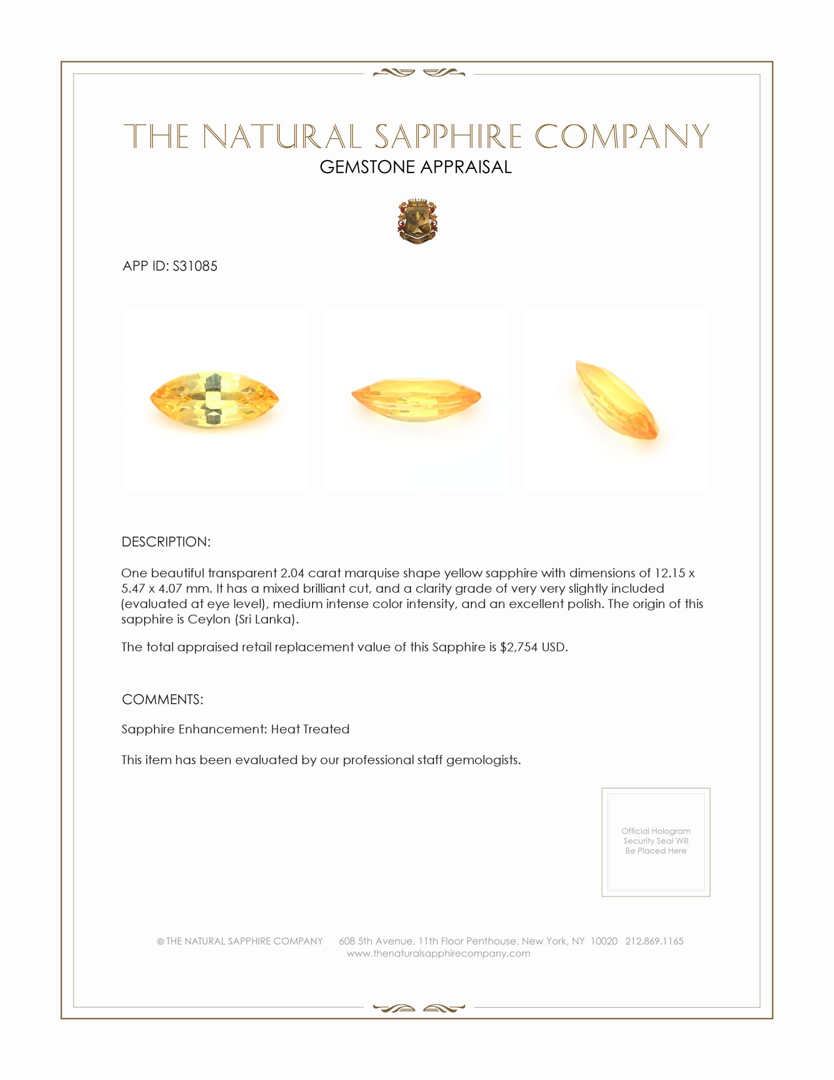 2.04 Ct. Yellow Sapphire from Ceylon (Sri Lanka)