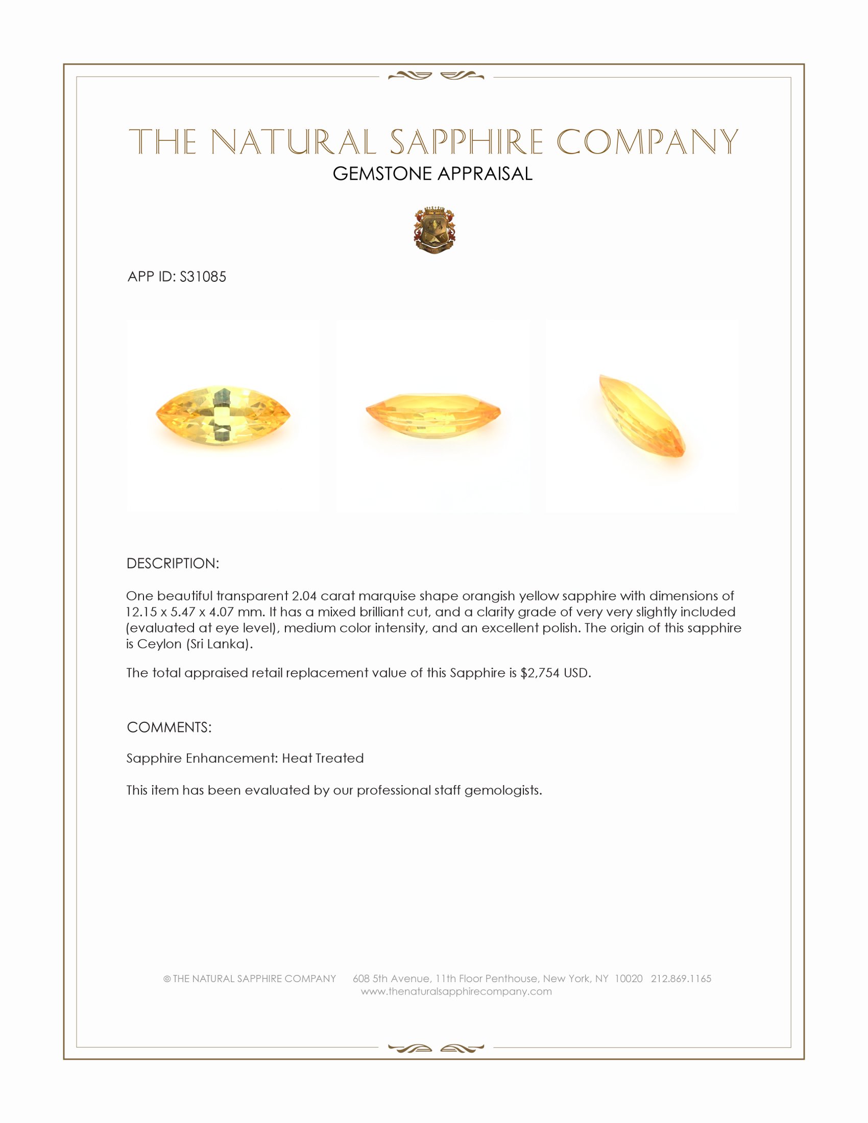 2.04 Ct. Orangish Yellow Sapphire from Ceylon (Sri Lanka)