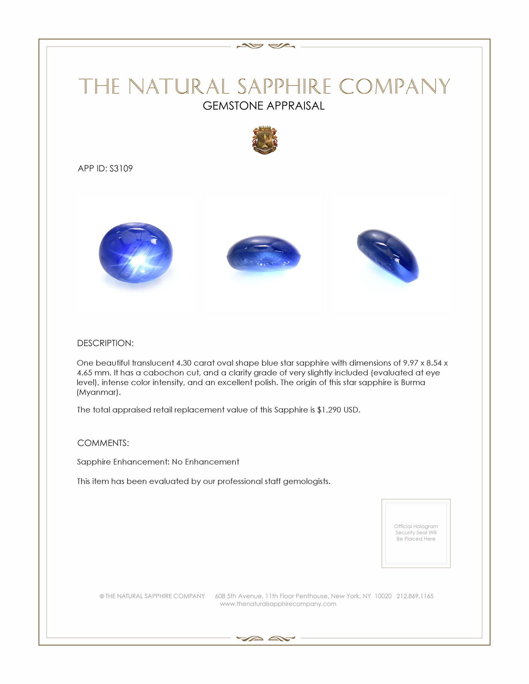 4.30 Ct. Blue Star Sapphire from Burma (Myanmar)