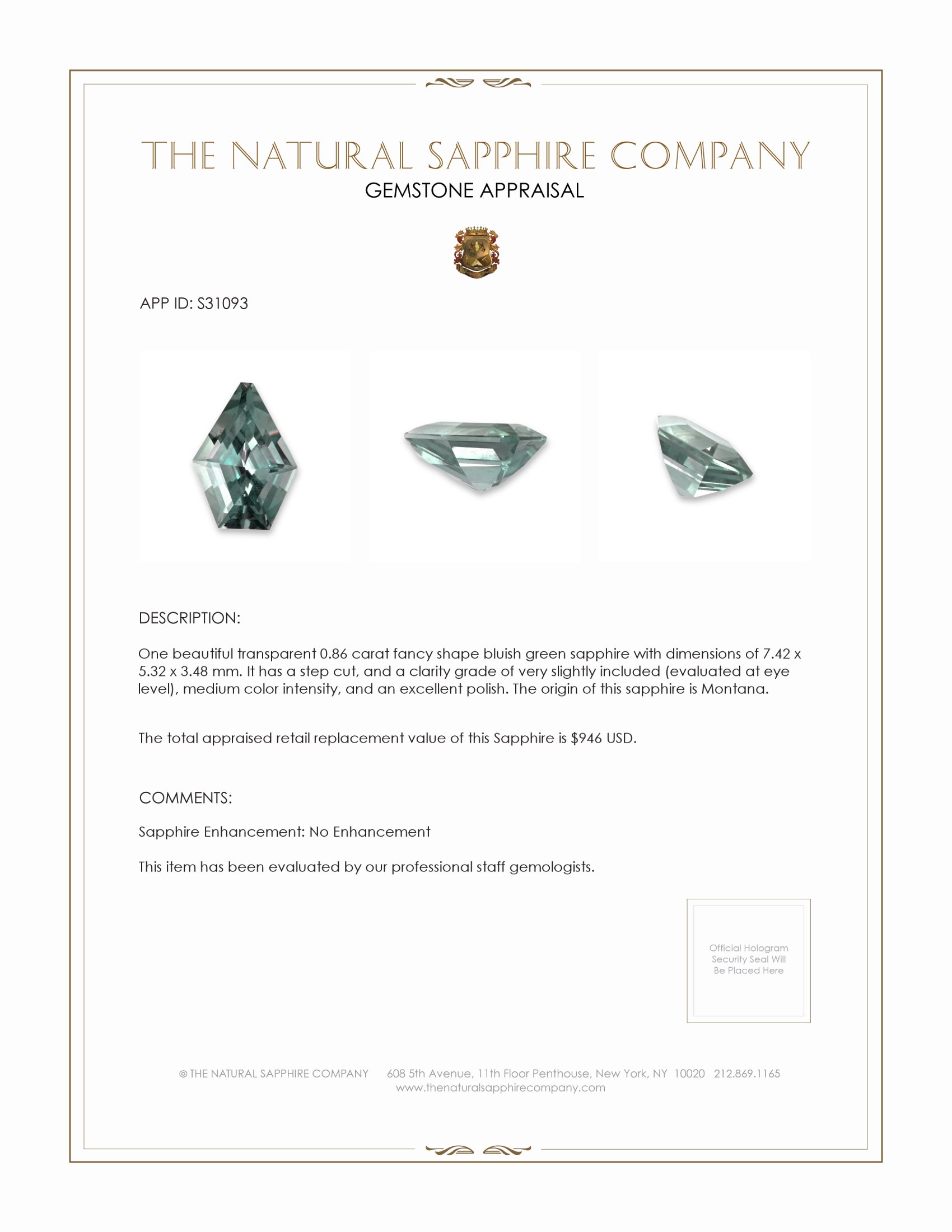 0.86 Ct. Bluish Green Sapphire from Montana