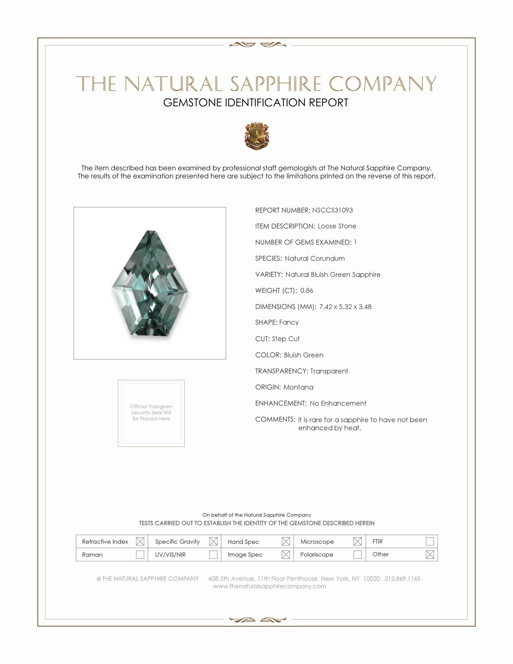 0.86 Ct. Bluish Green Sapphire from Montana