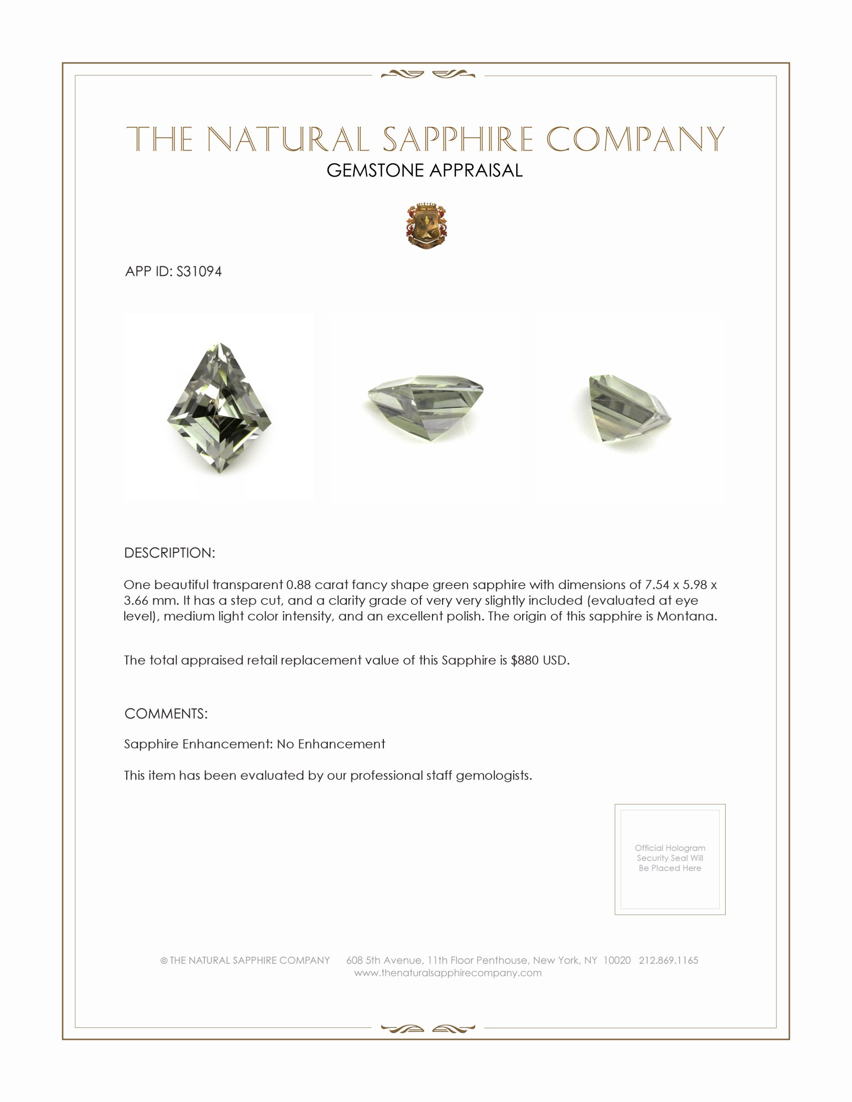 0.88 Ct. Green Sapphire from Montana