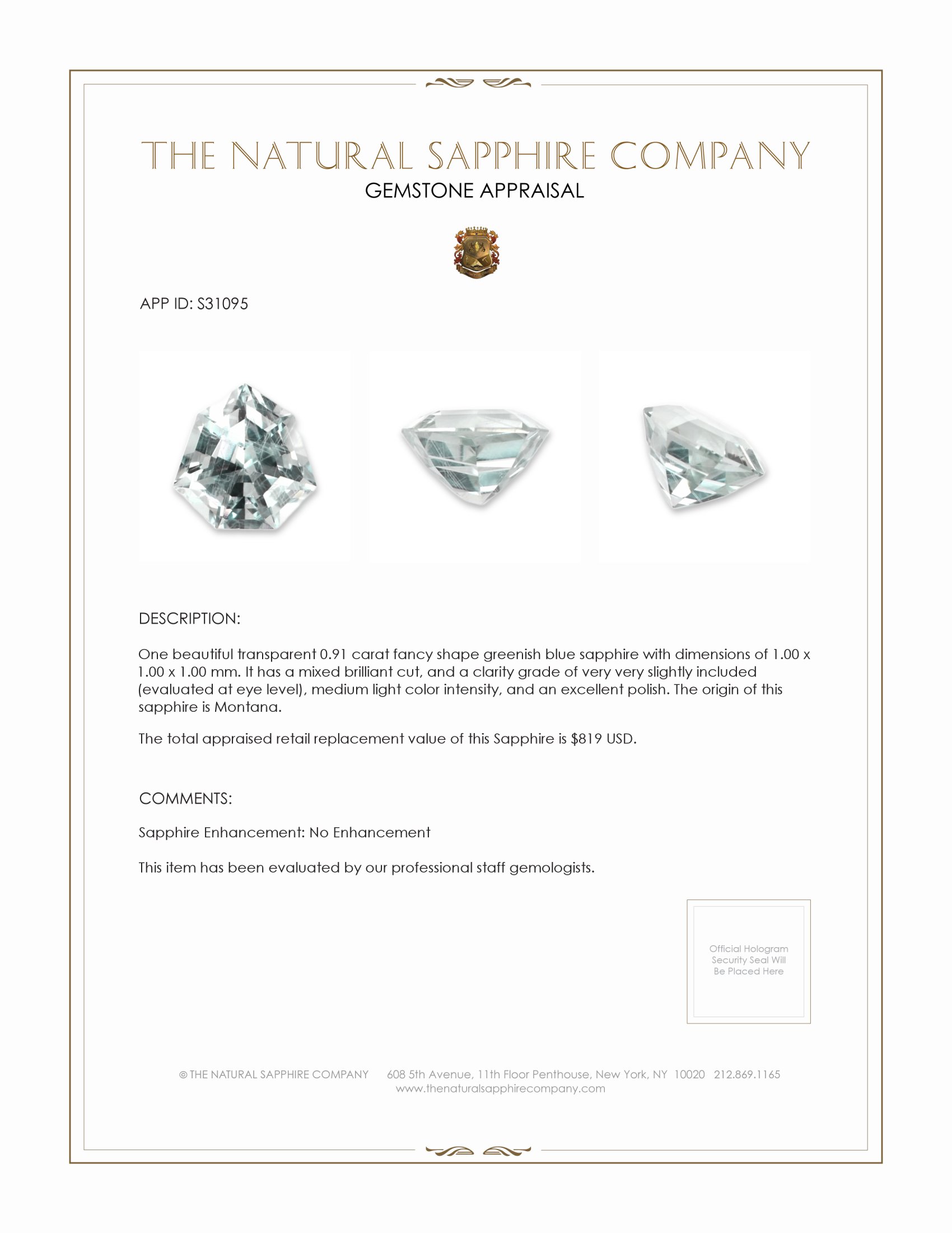 0.91 Ct. Greenish Blue Sapphire from Montana