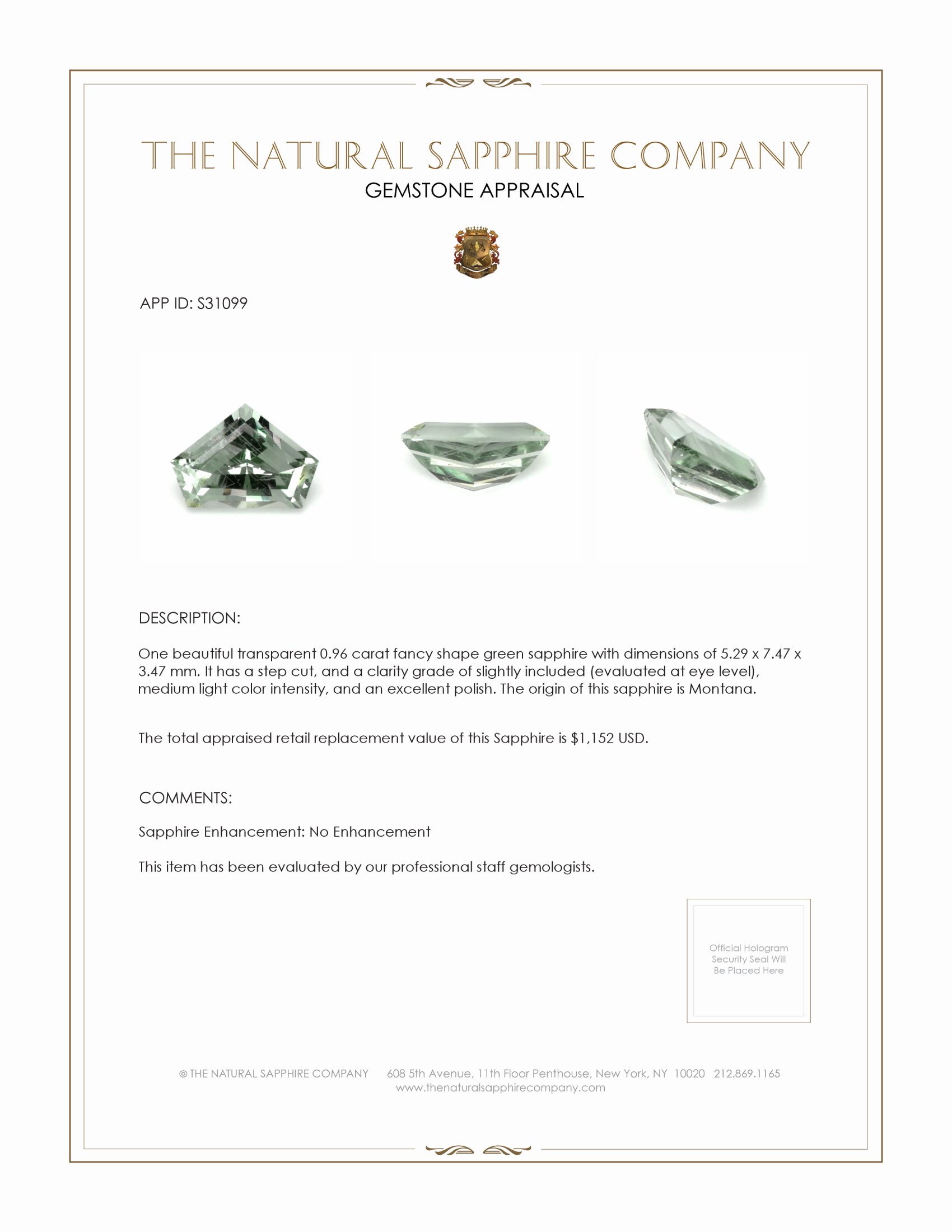 0.96 Ct. Green Sapphire from Montana