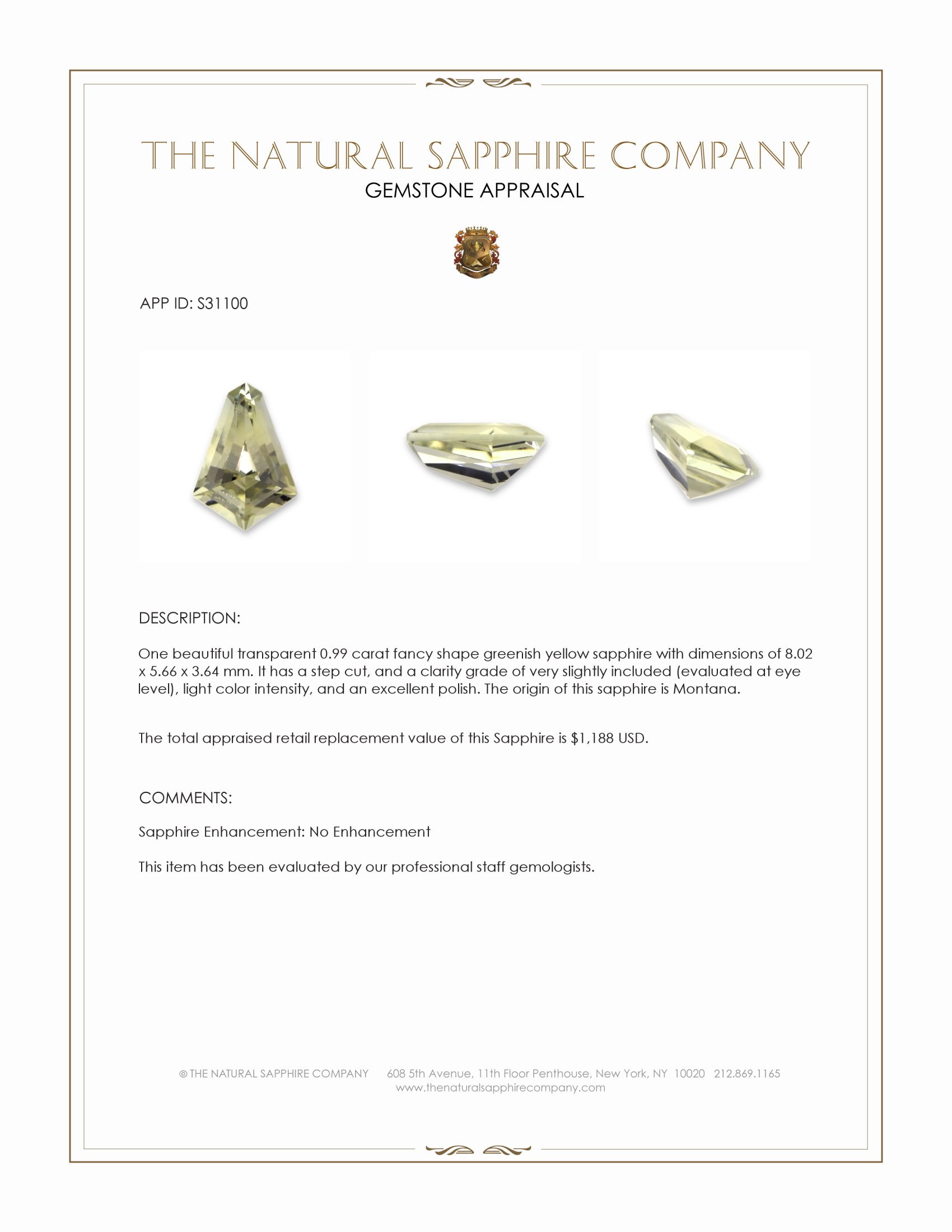 0.99 Ct. Greenish Yellow Sapphire from Montana