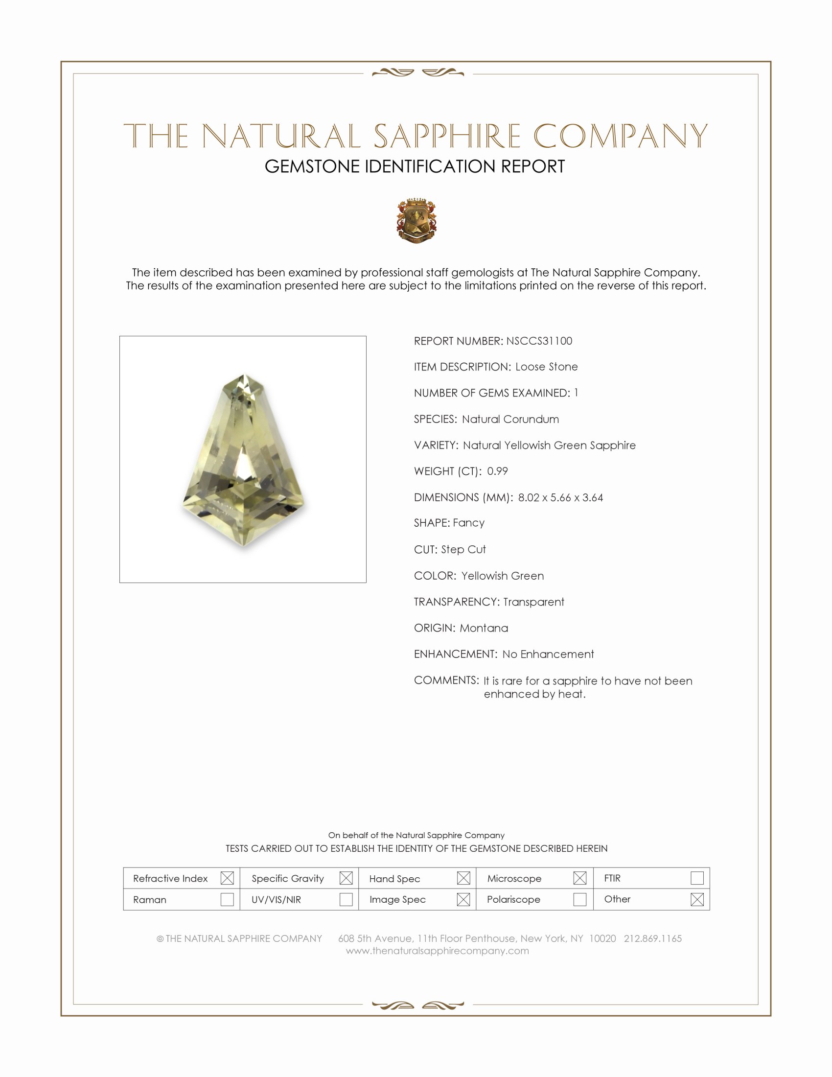 0.99 Ct. Greenish Yellow Sapphire from Montana