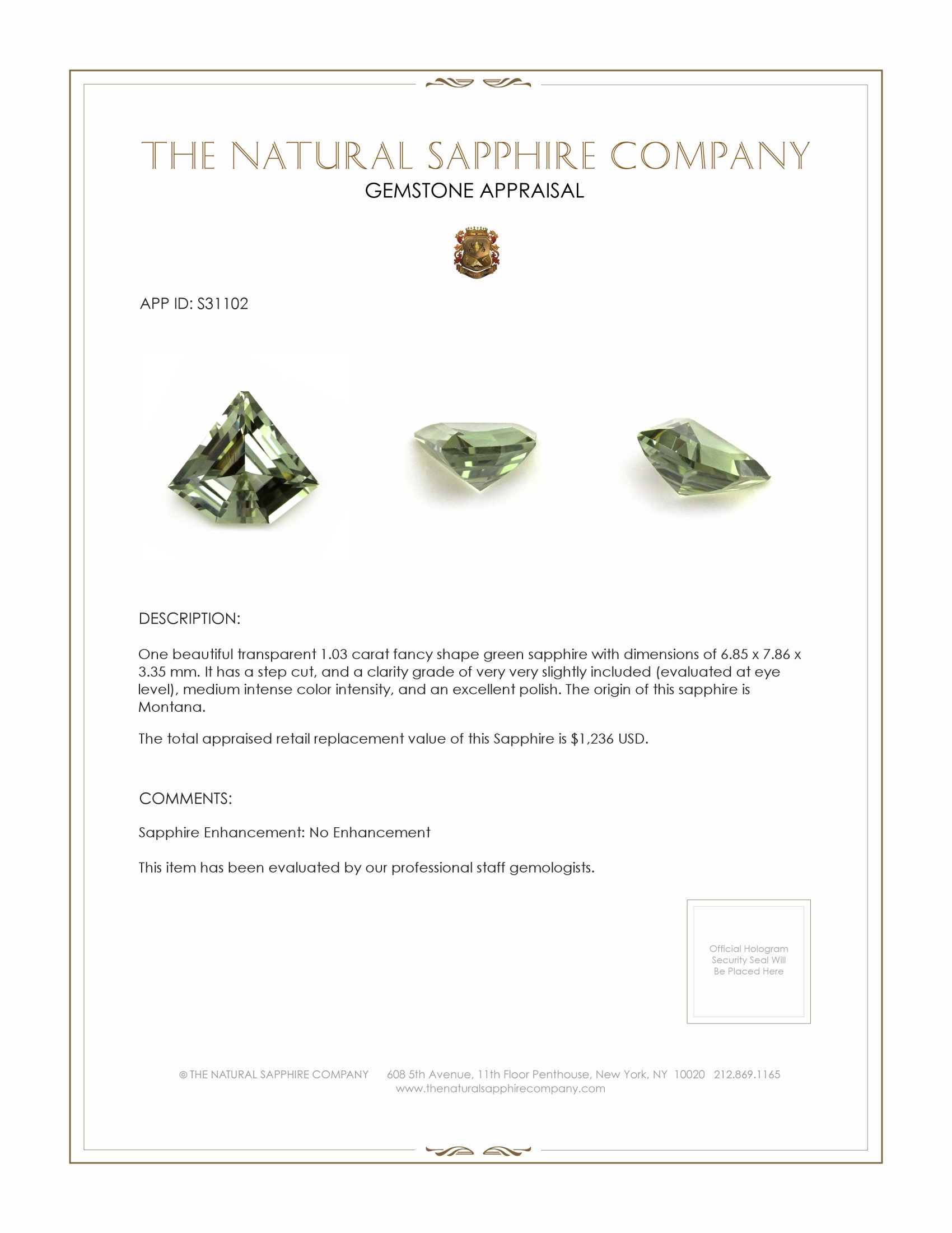 1.03 Ct. Green Sapphire from Montana