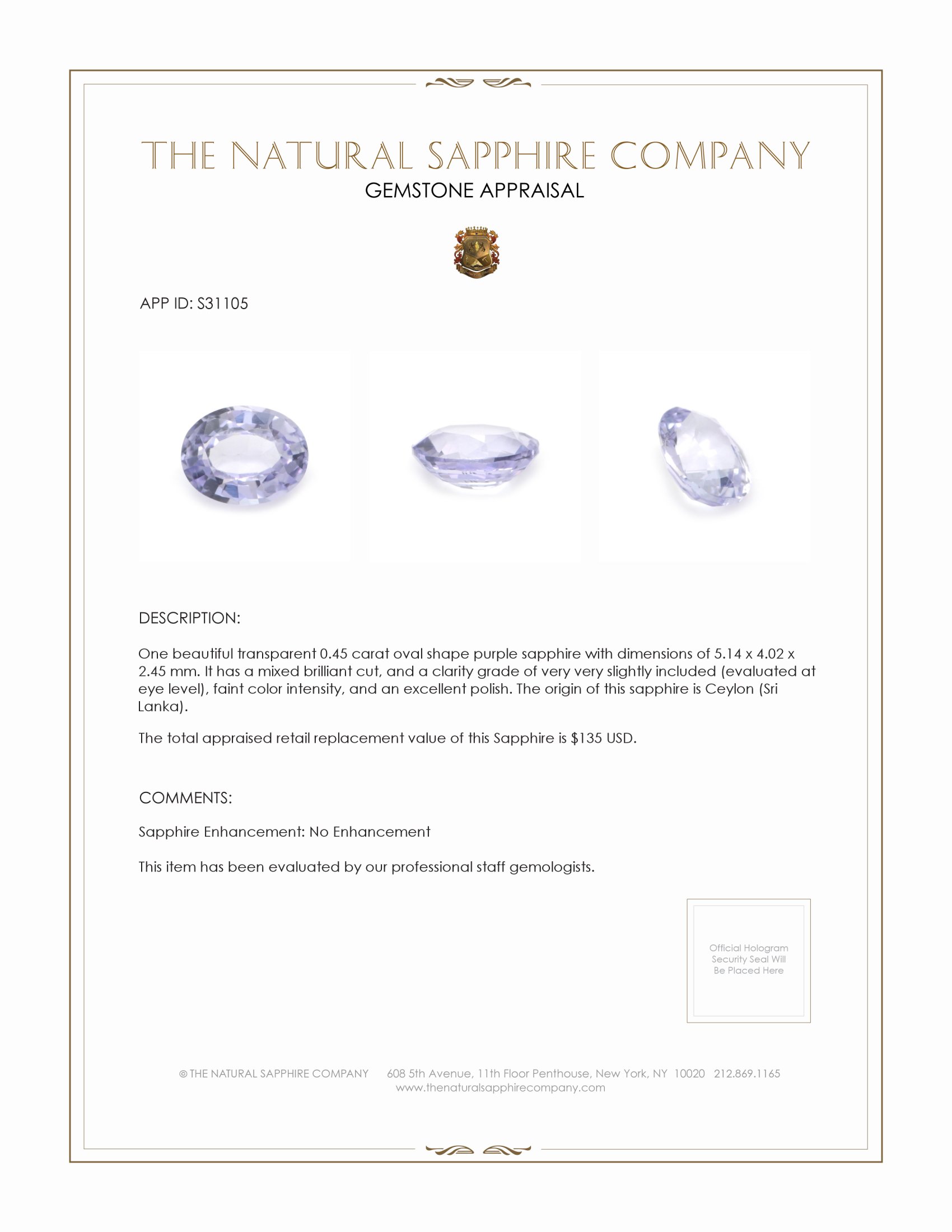 0.45 Ct. Purple Sapphire from Ceylon (Sri Lanka)