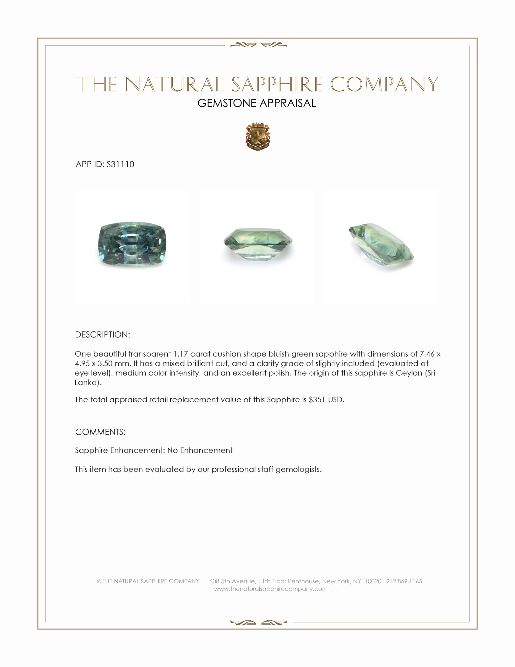 1.17 Ct. Bluish Green Sapphire from Ceylon (Sri Lanka)