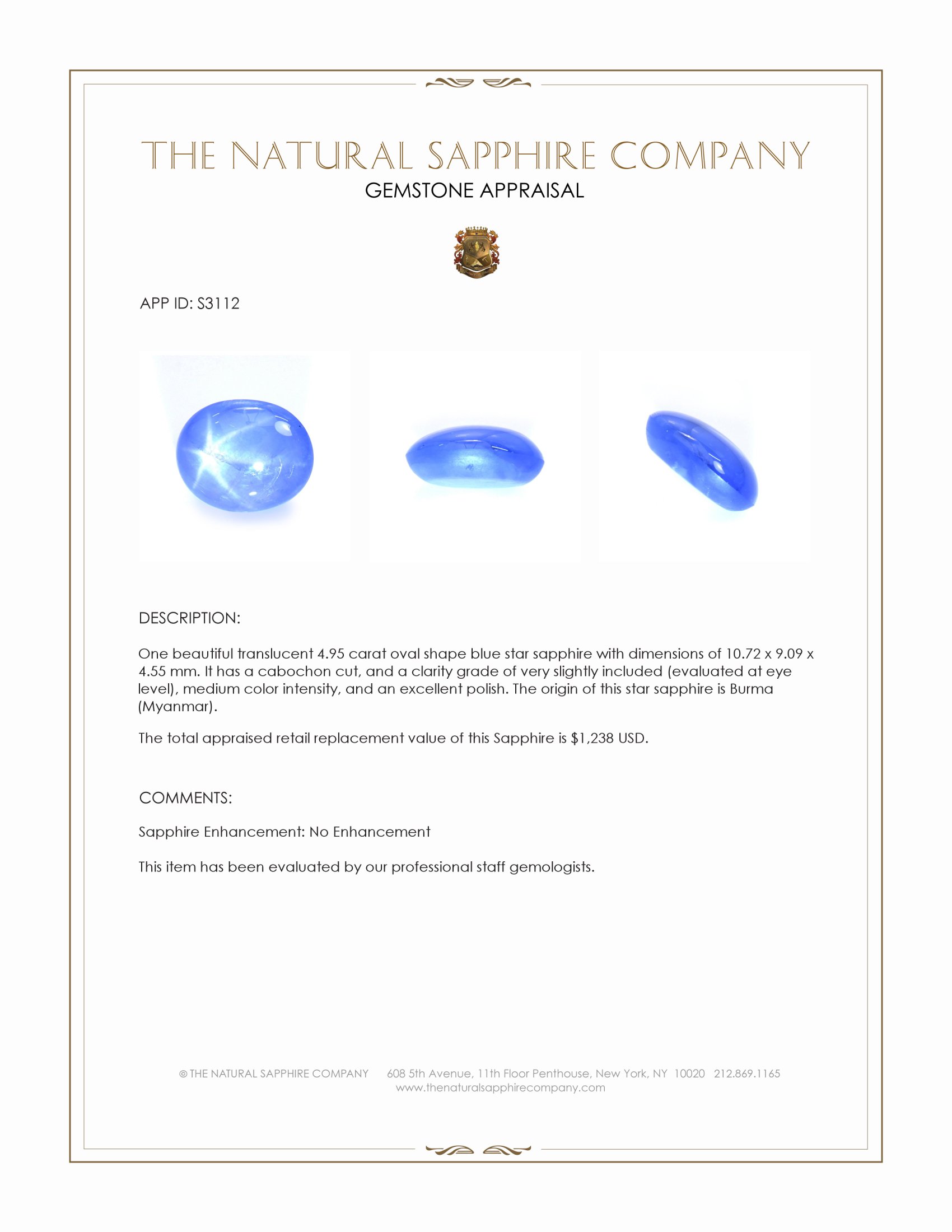 4.95 Ct. Blue Star Sapphire from Burma (Myanmar)