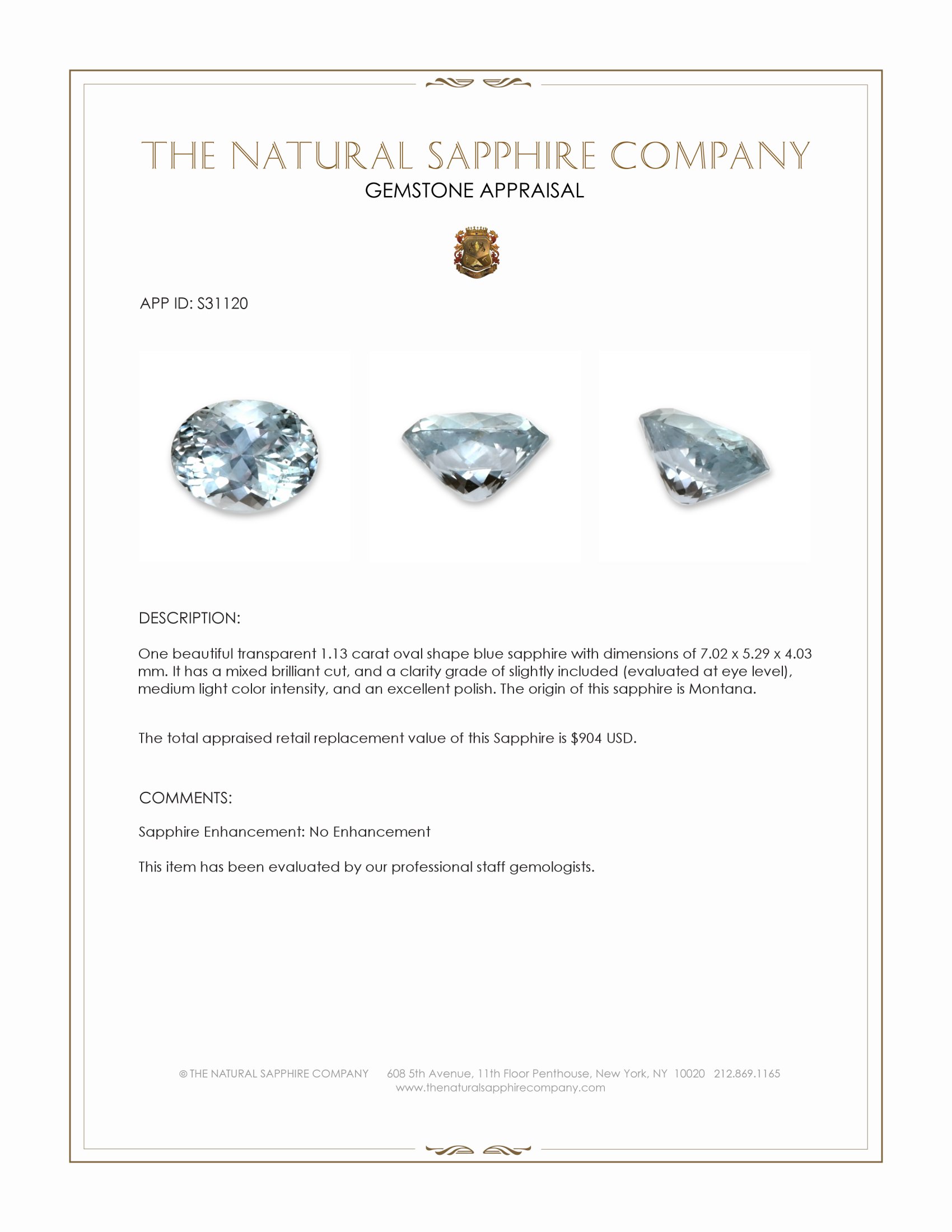 1.13 Ct. Blue Sapphire from Montana