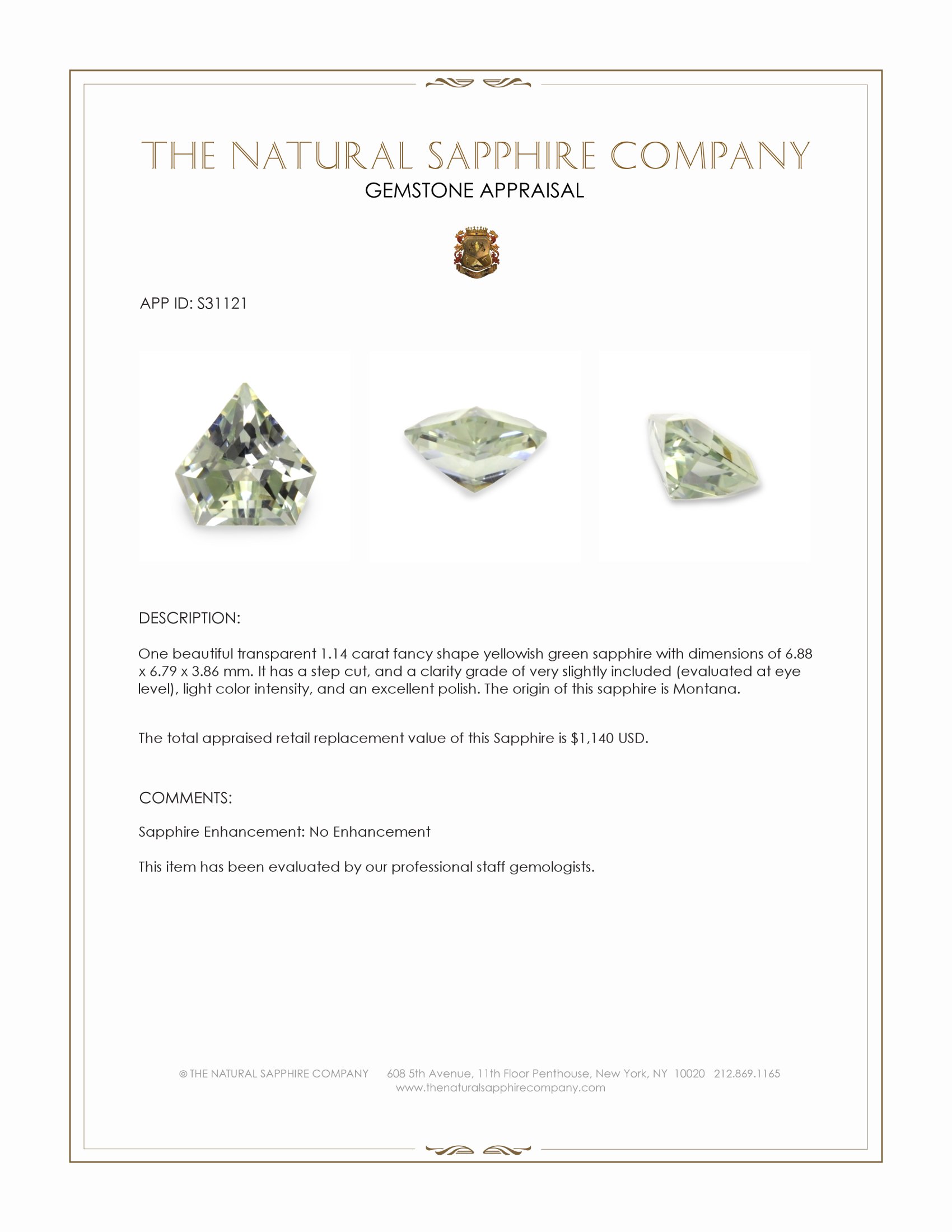 1.14 Ct. Yellowish Green Sapphire from Montana