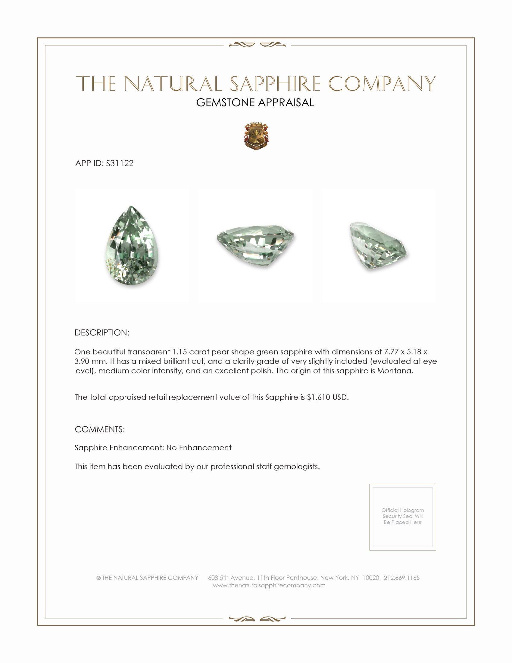 1.15 Ct. Green Sapphire from Montana