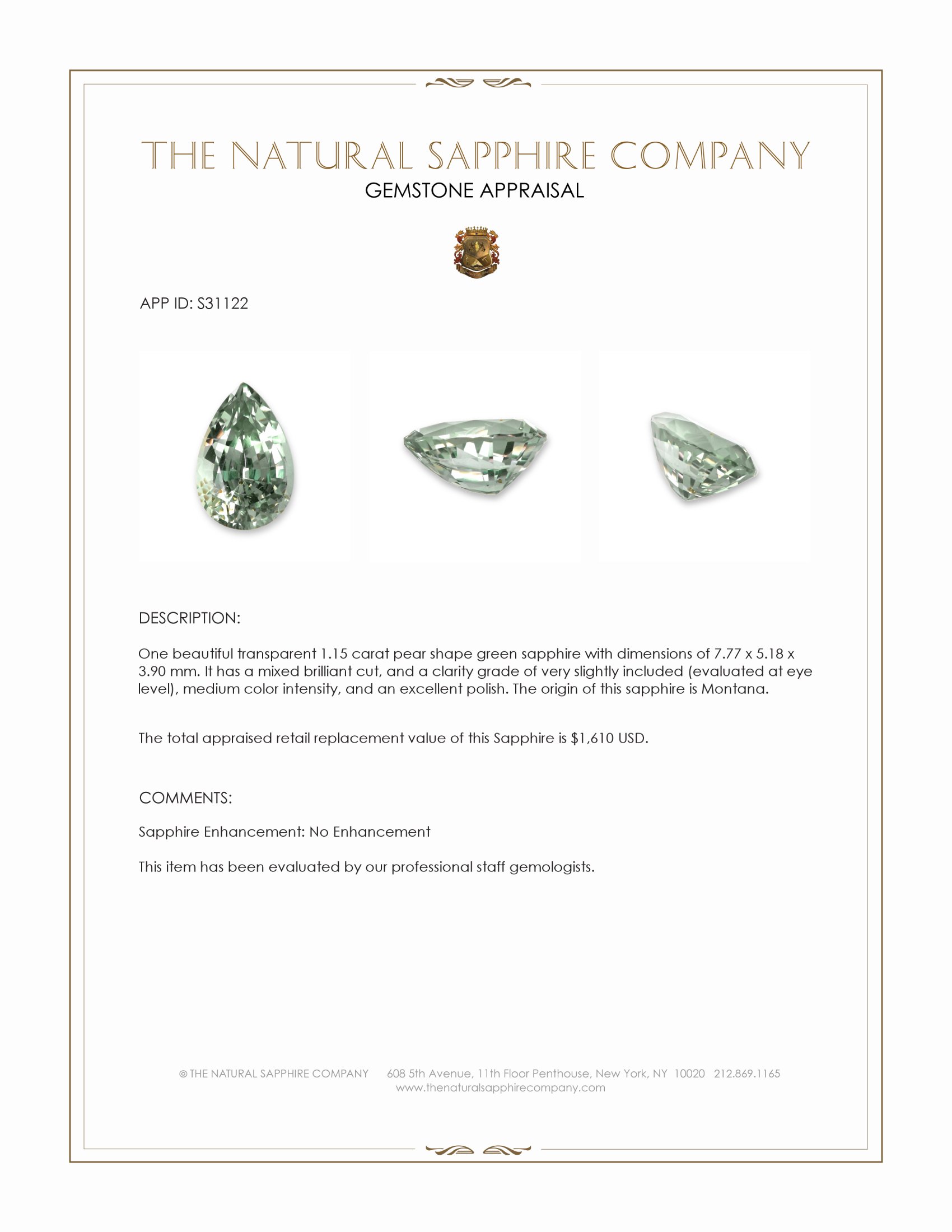 1.15 Ct. Green Sapphire from Montana