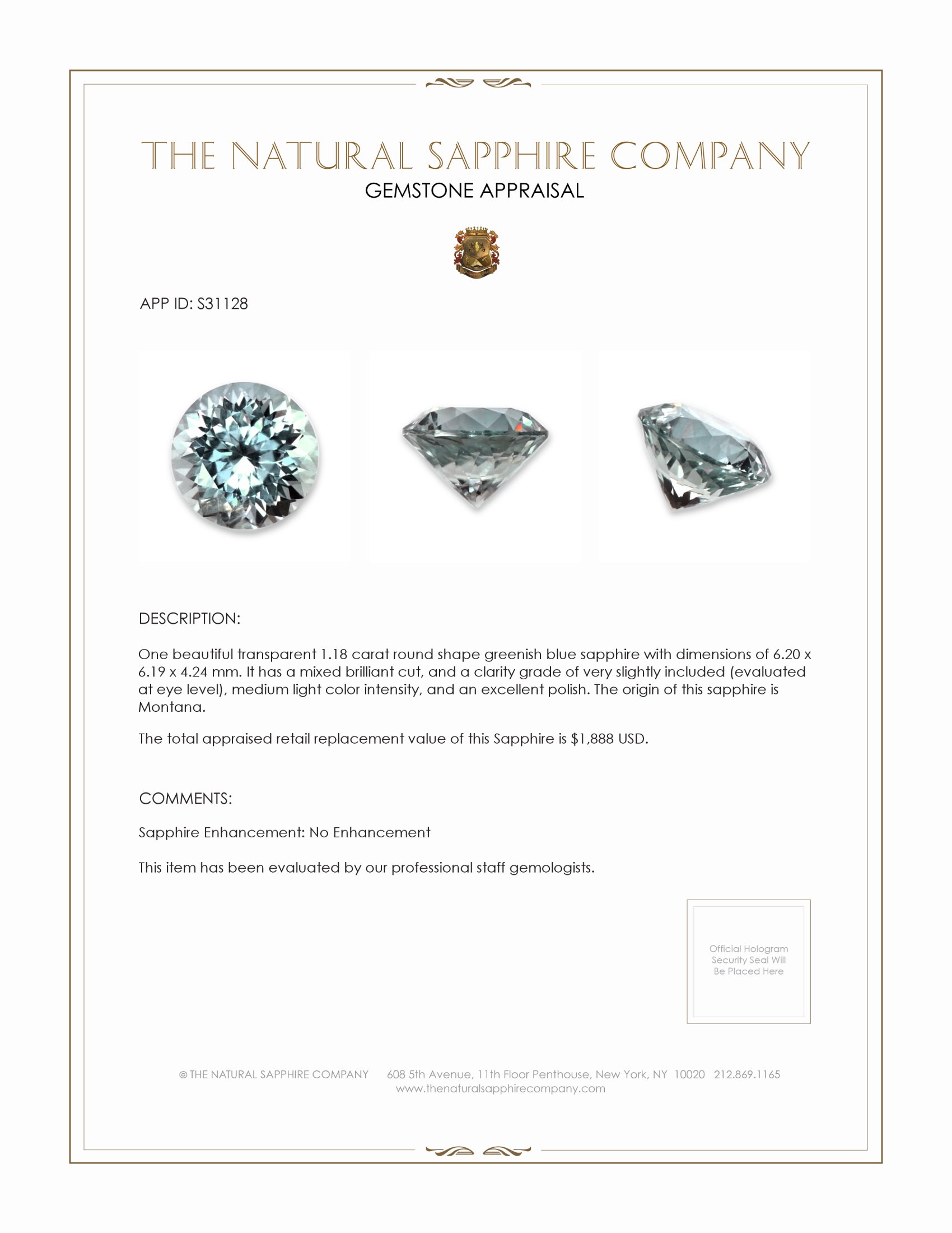 1.18 Ct. Greenish Blue Sapphire from Montana