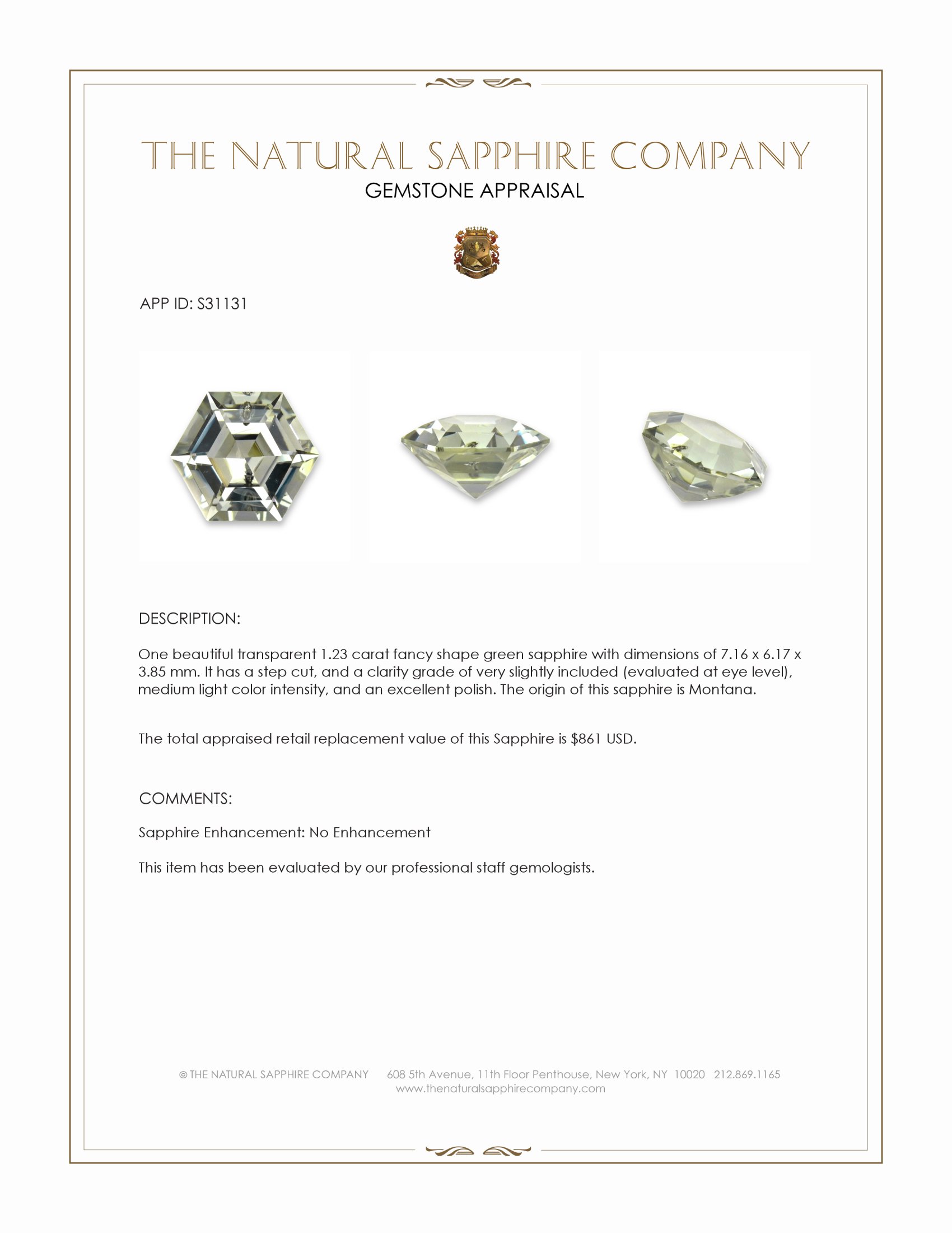 1.23 Ct. Greenish Yellow Sapphire from Montana