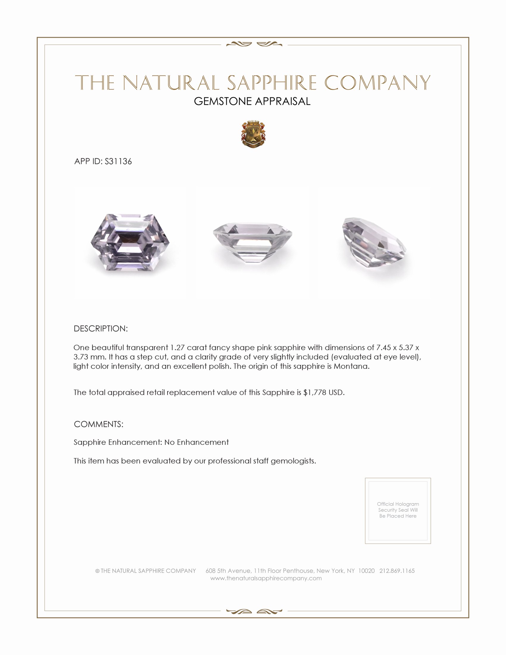 1.27 Ct. Pink Sapphire from Montana
