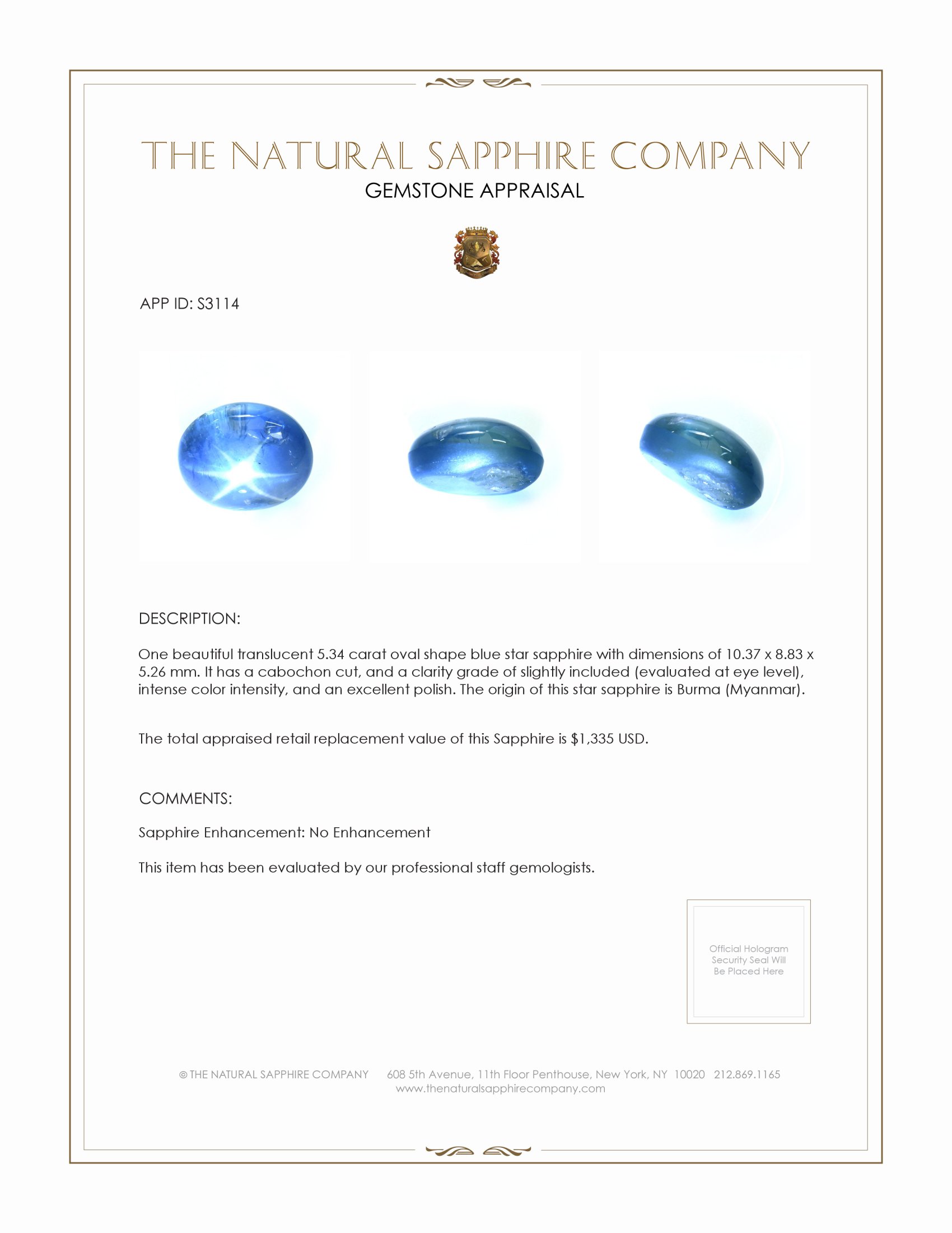 5.34 Ct. Blue Star Sapphire from Burma (Myanmar)