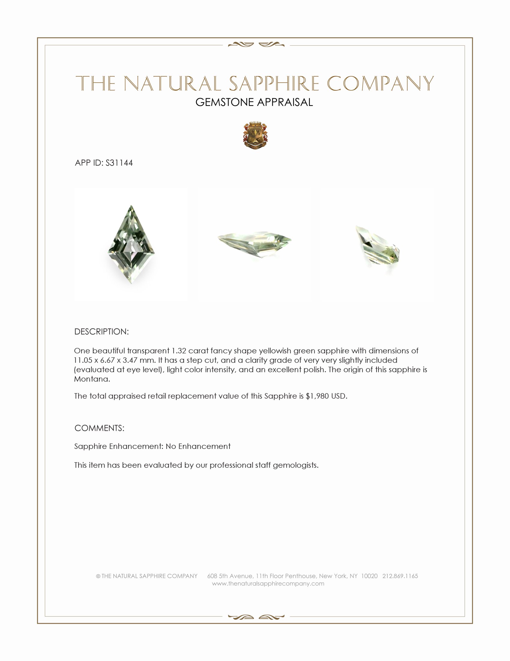 1.32 Ct. Yellowish Green Sapphire from Montana