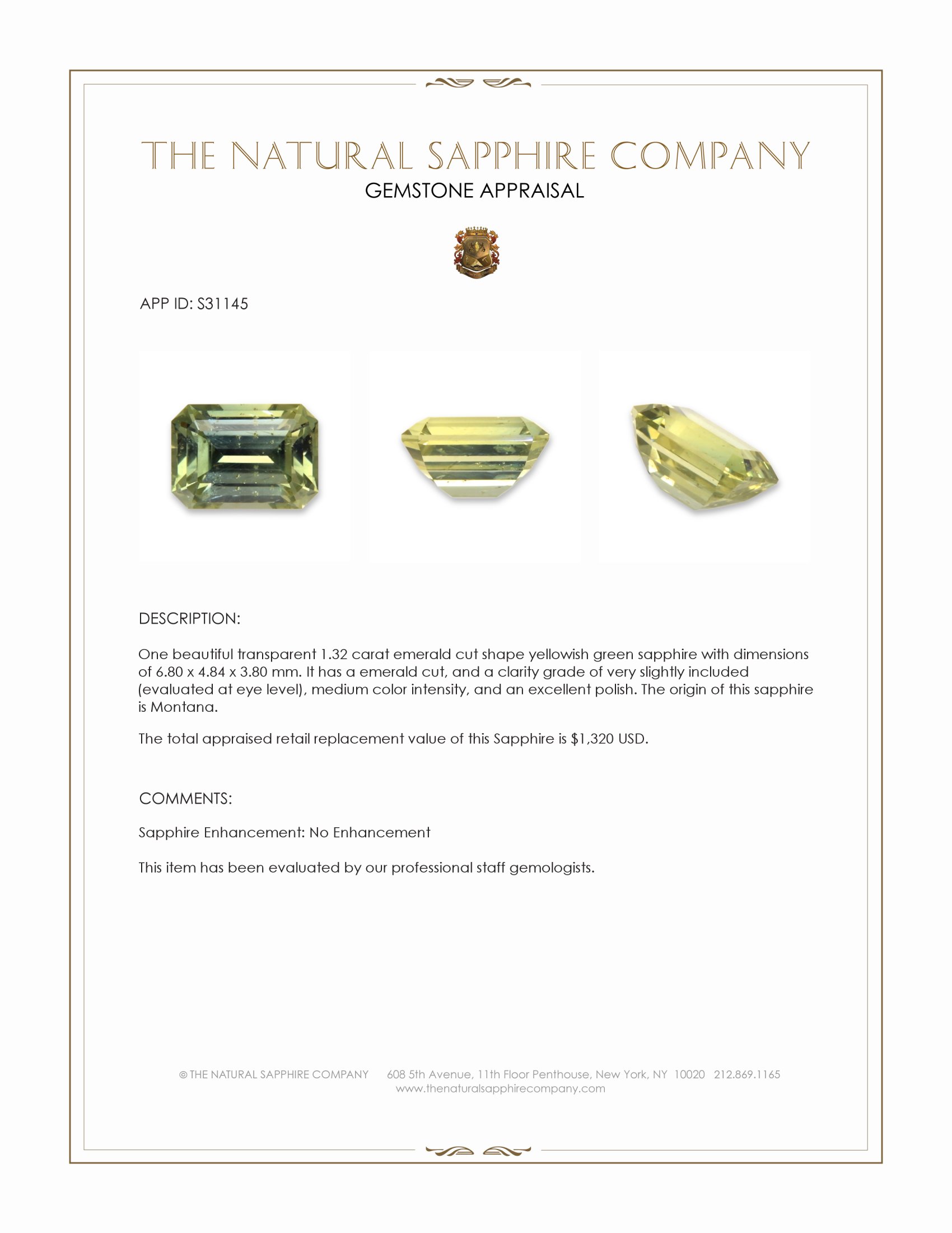 1.32 Ct. Yellowish Green Sapphire from Montana