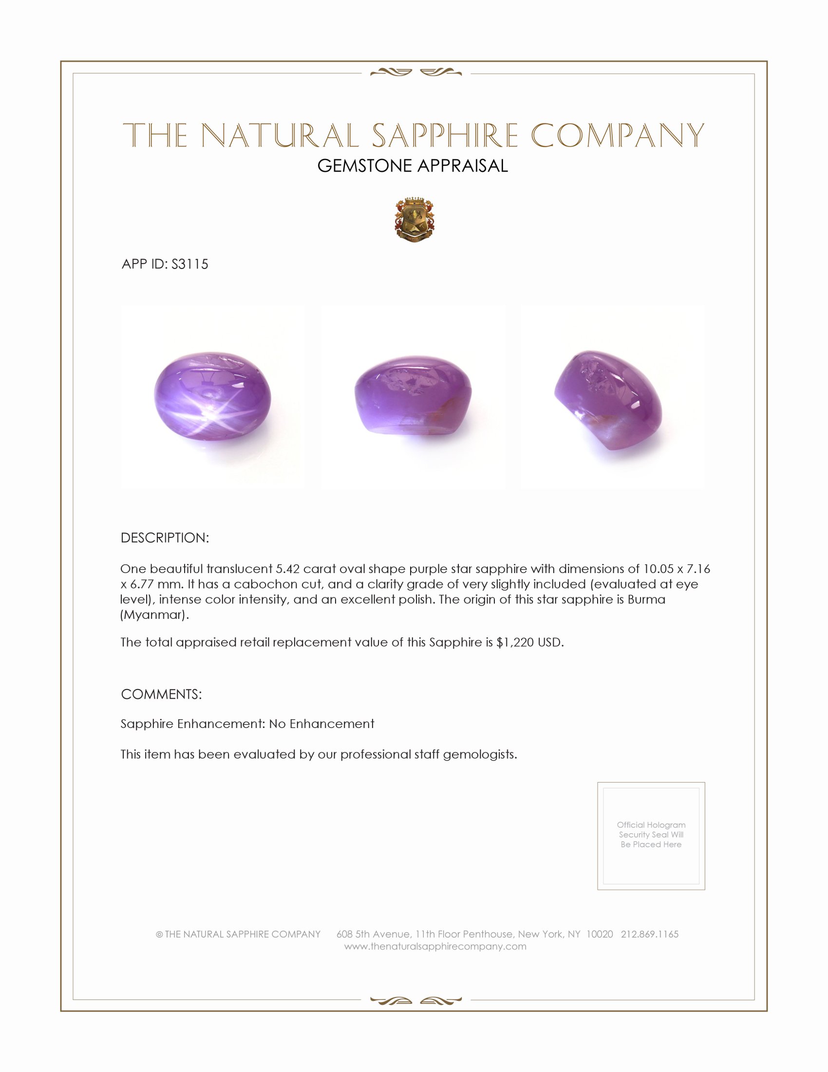 5.42 Ct. Purple Star Sapphire from Burma (Myanmar)