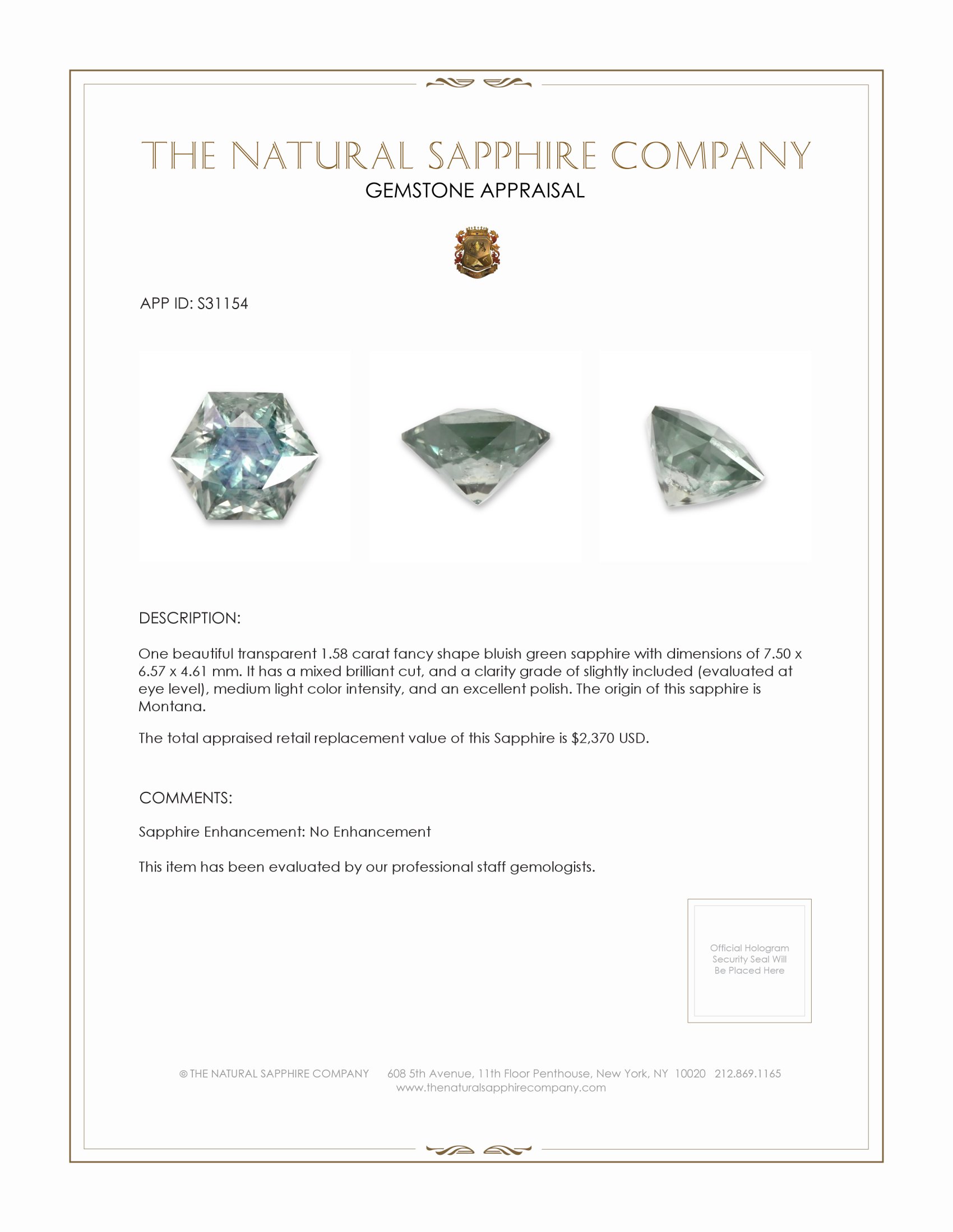 1.58 Ct. Bluish Green Sapphire from Montana