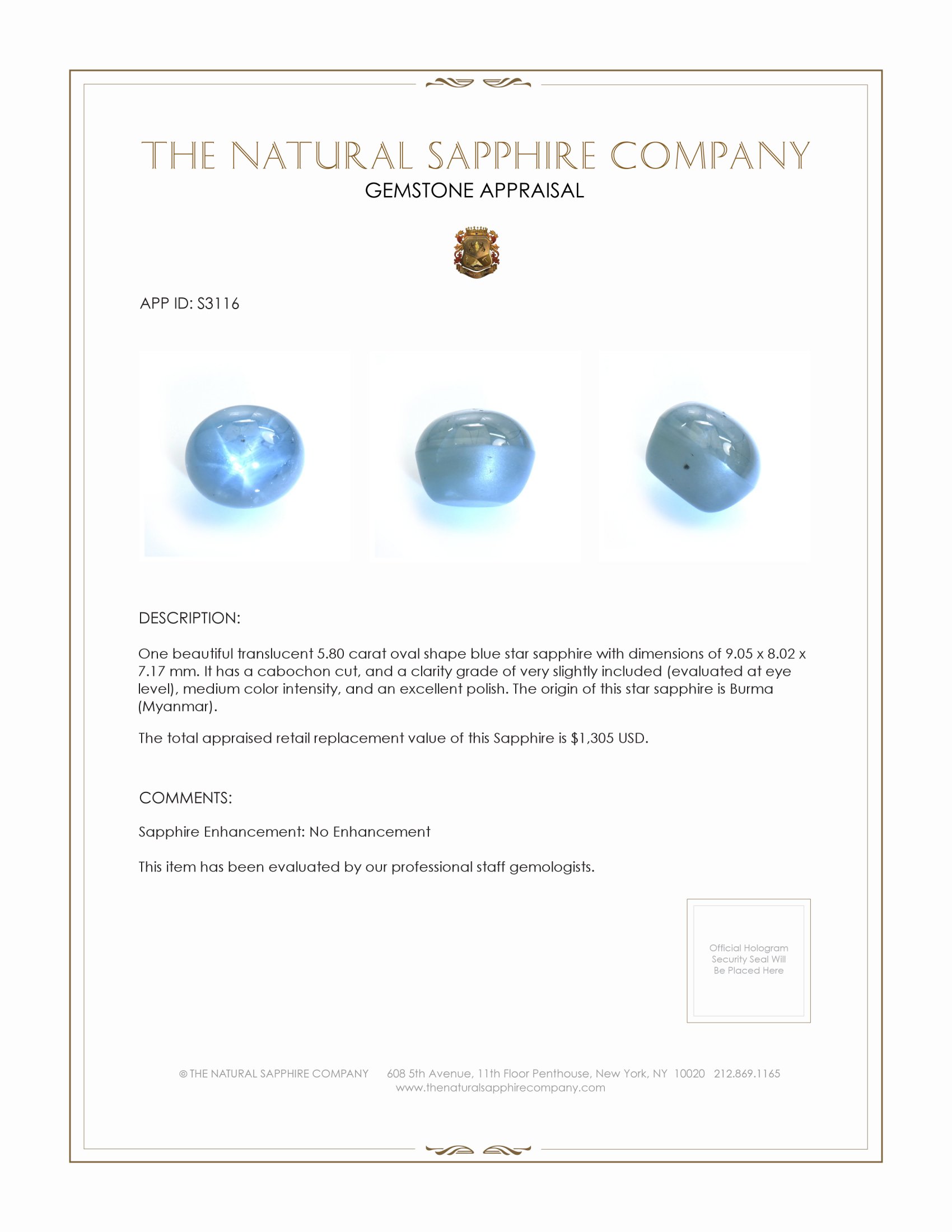 5.80 Ct. Blue Star Sapphire from Burma (Myanmar)