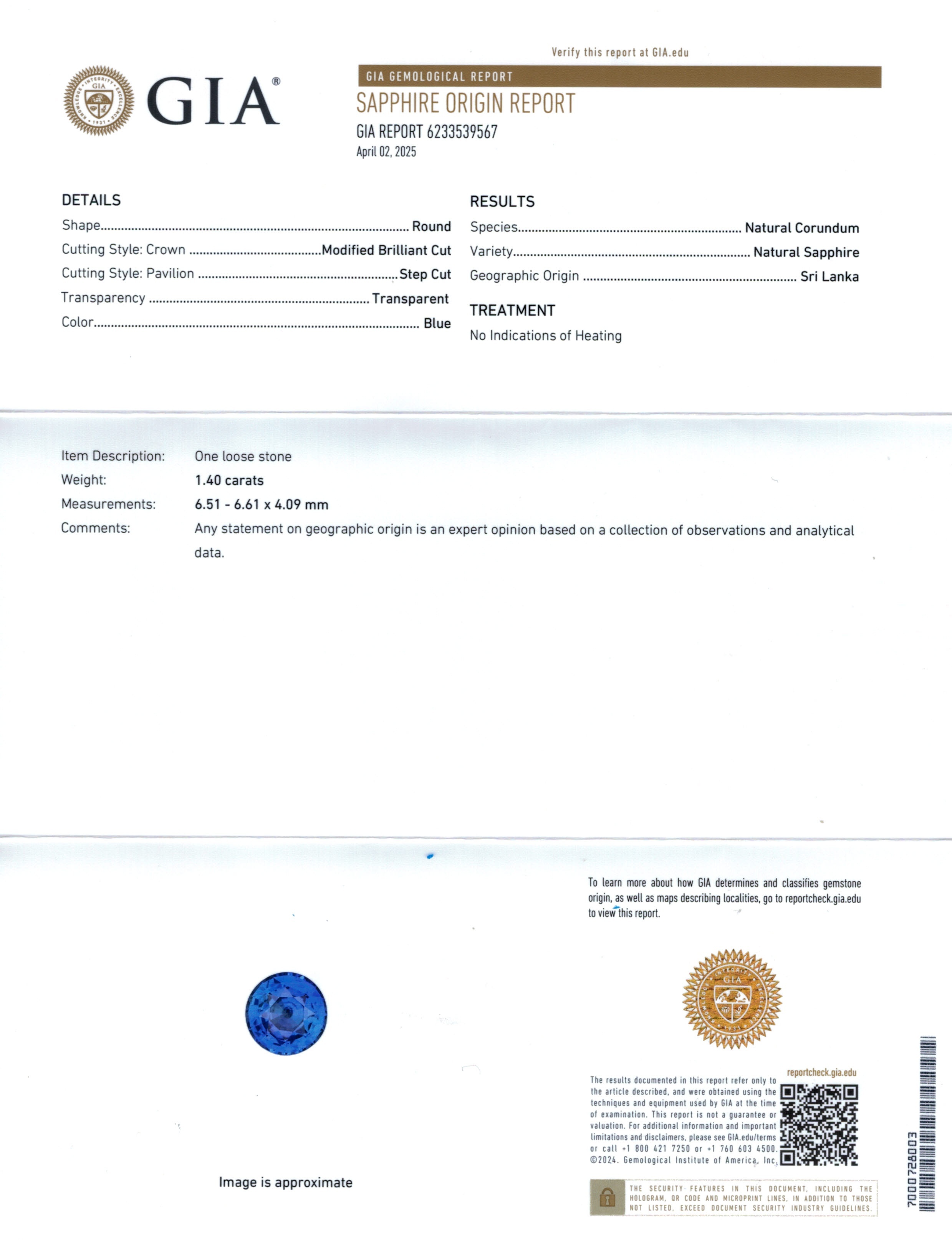 1.40 Ct. Blue Sapphire from Ceylon (Sri Lanka)