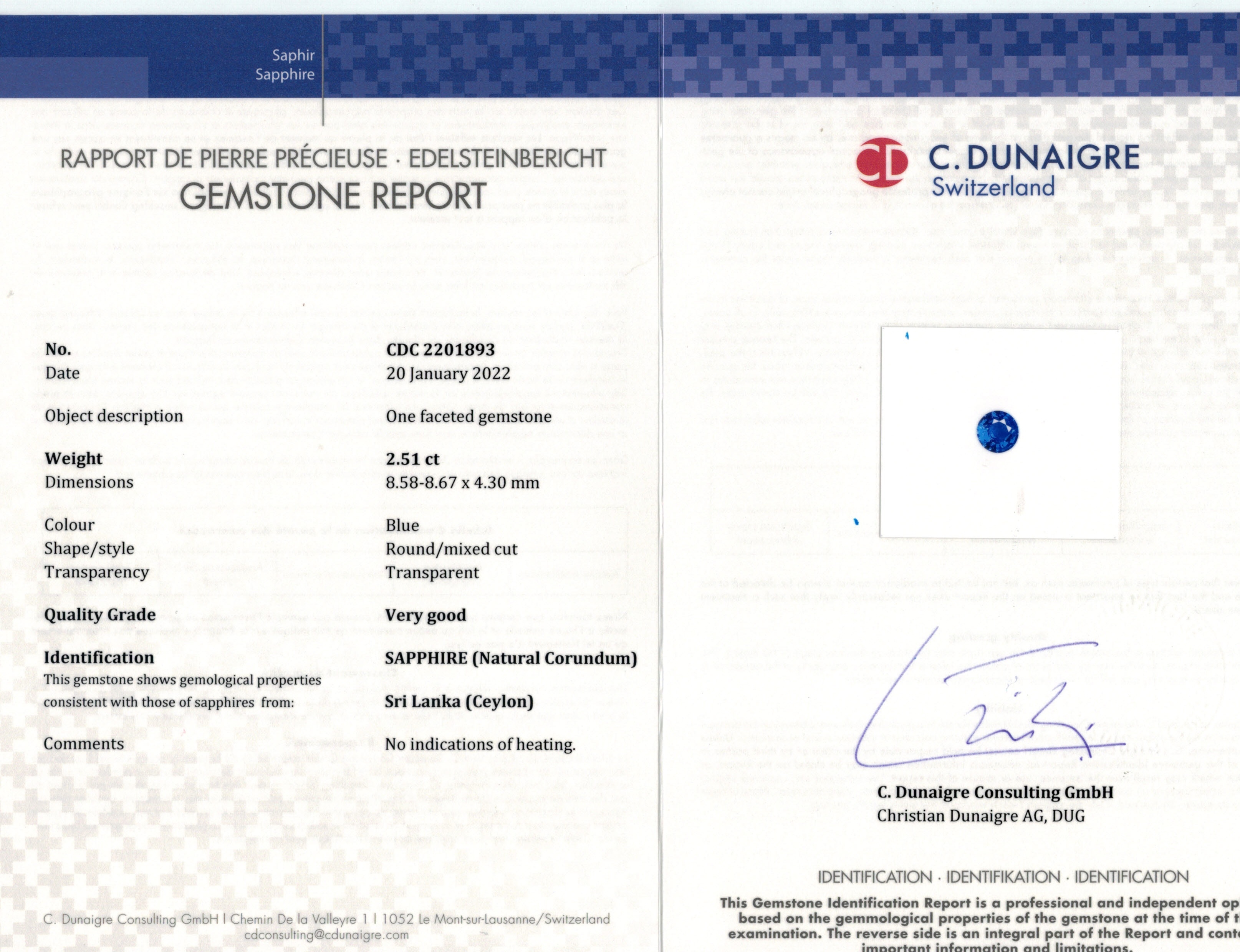 2.51 Ct. Blue Sapphire from Ceylon (Sri Lanka)