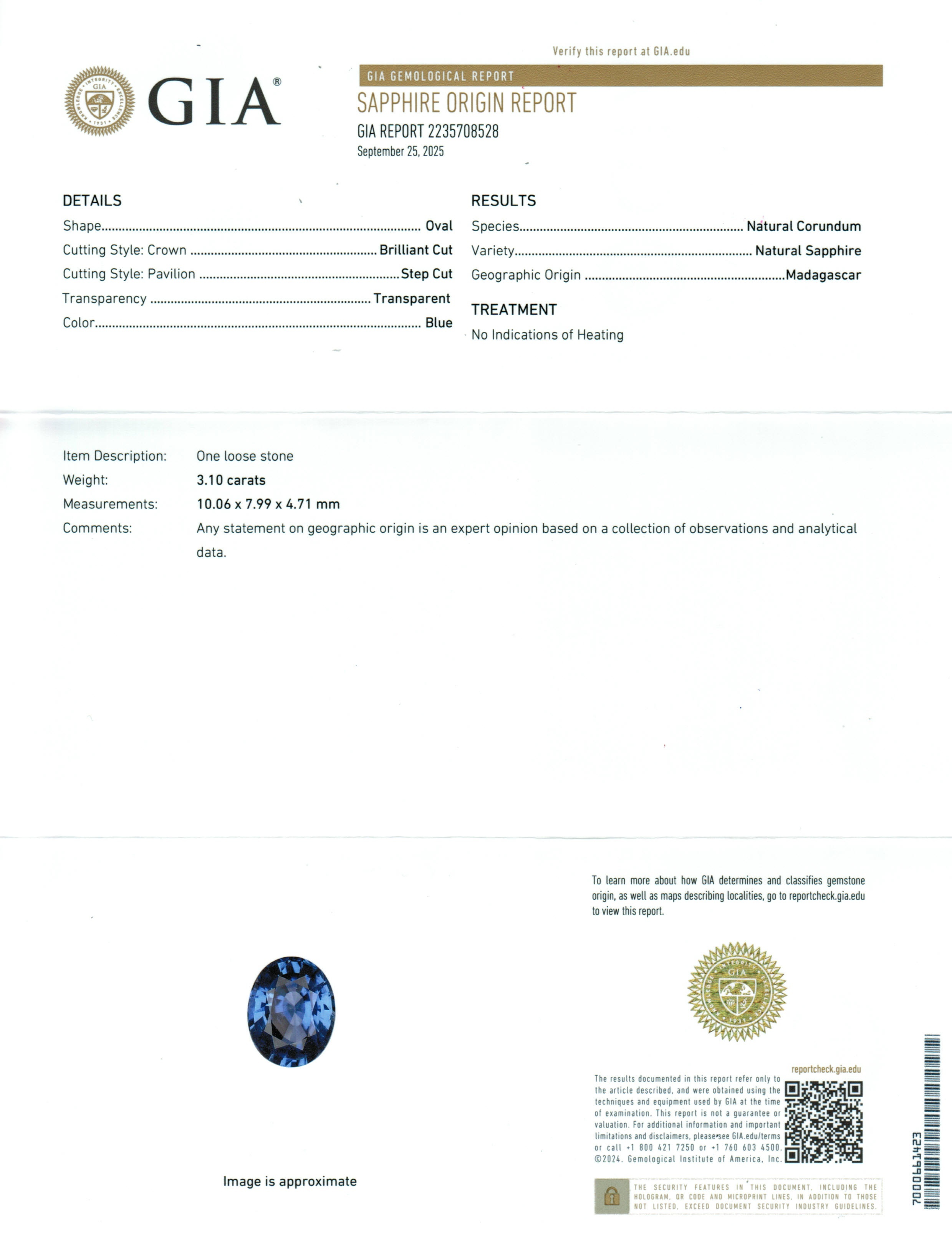 3.10 Ct. Blue Sapphire from Ceylon (Sri Lanka)