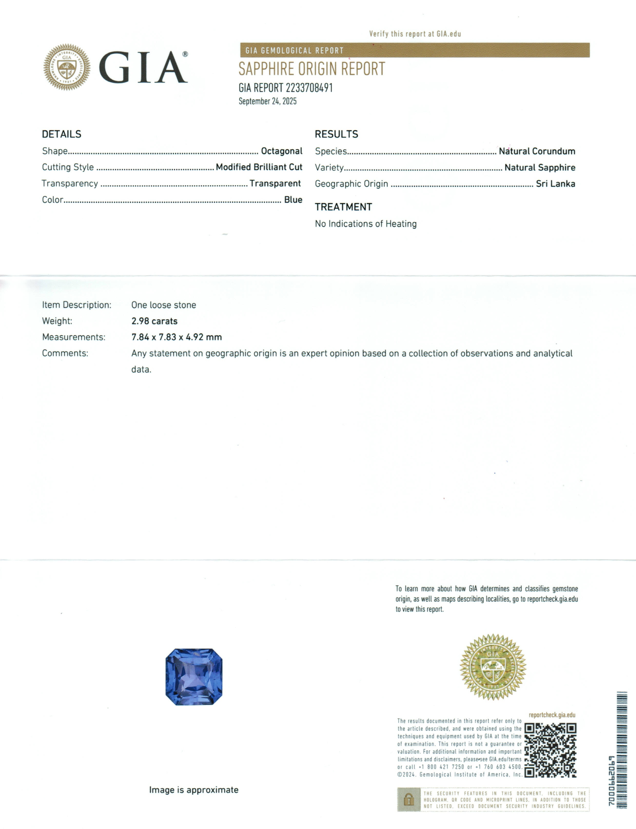 2.98 Ct. Blue Sapphire from Ceylon (Sri Lanka)