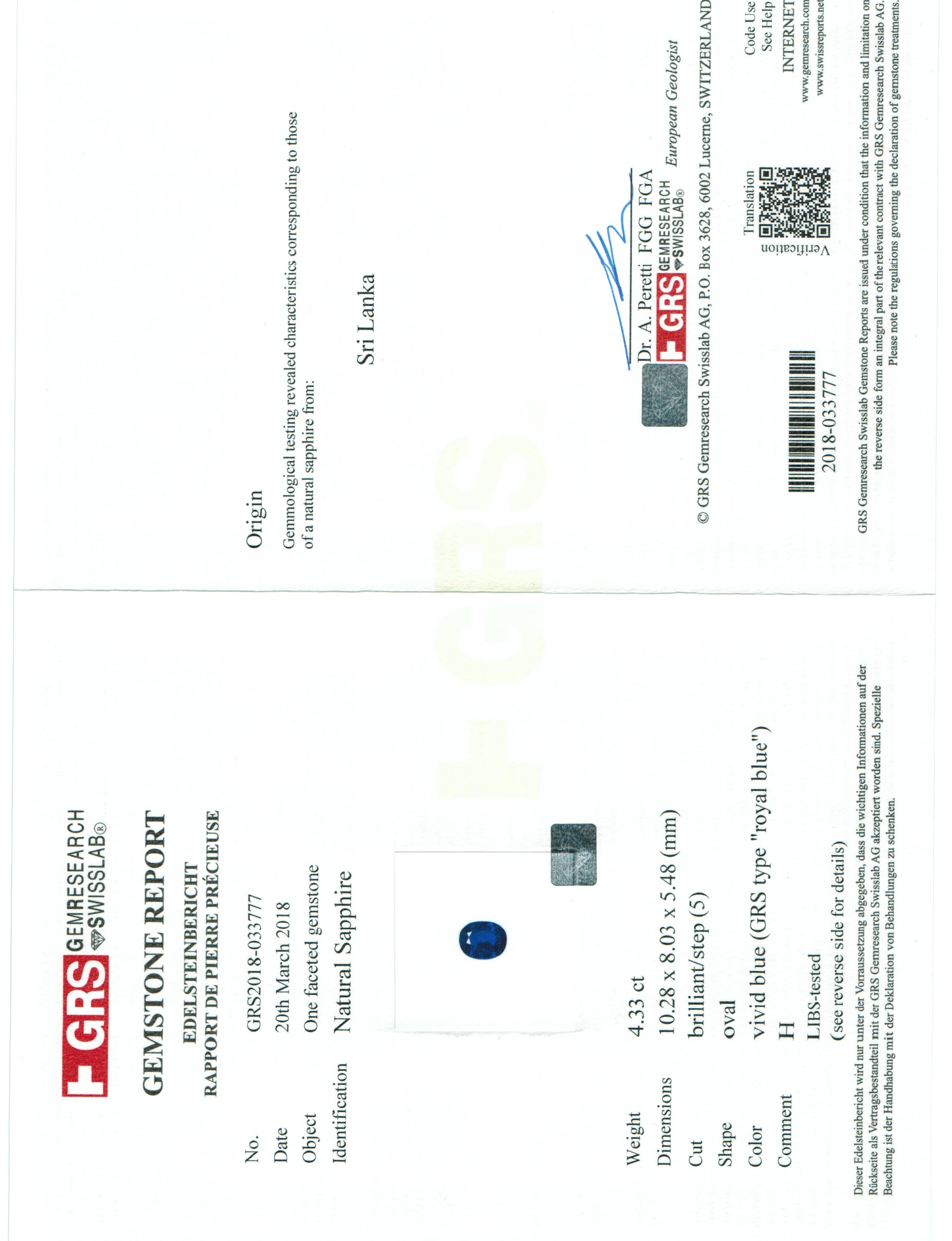 4.33 Ct. Blue Sapphire from Ceylon (Sri Lanka)