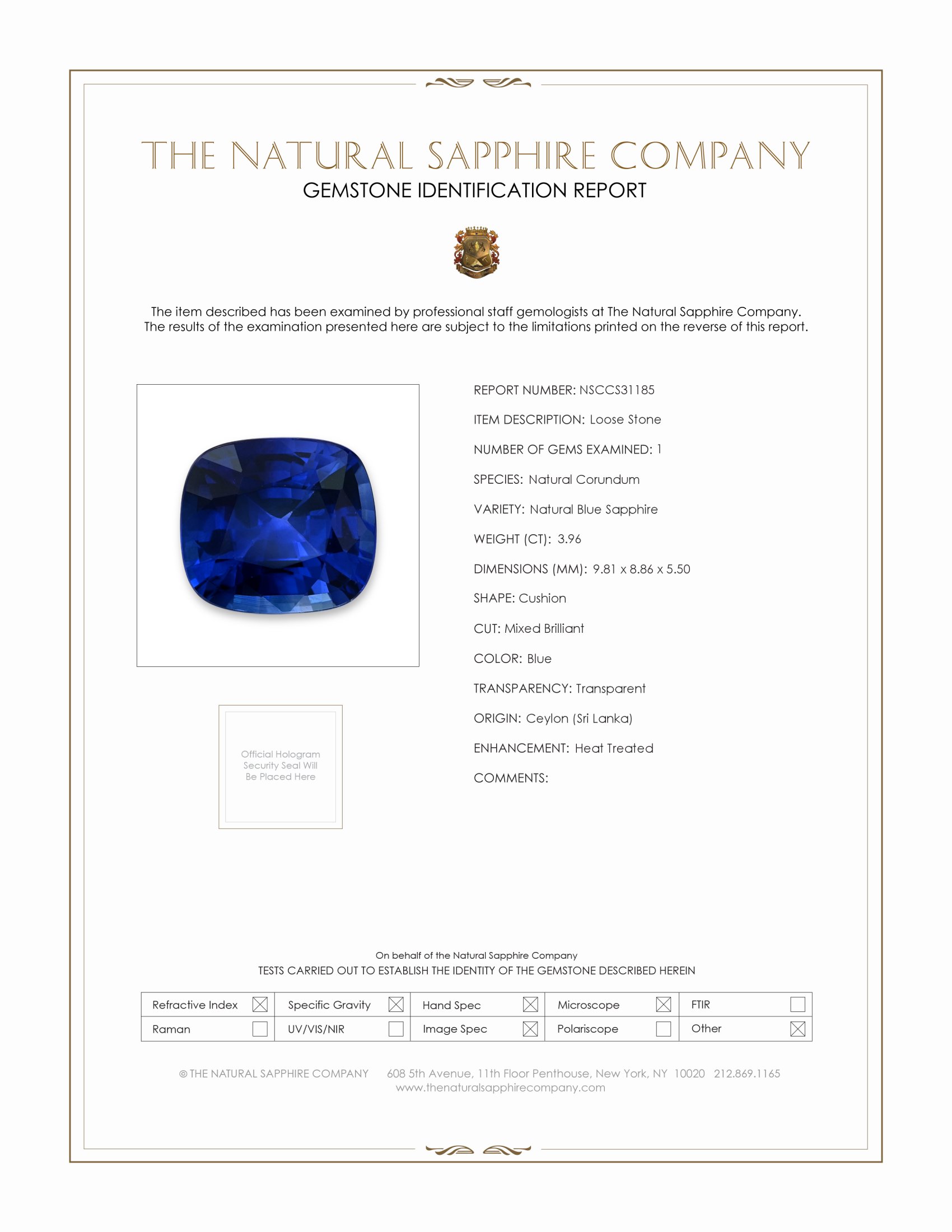 3.96 Ct. Blue Sapphire from Ceylon (Sri Lanka)