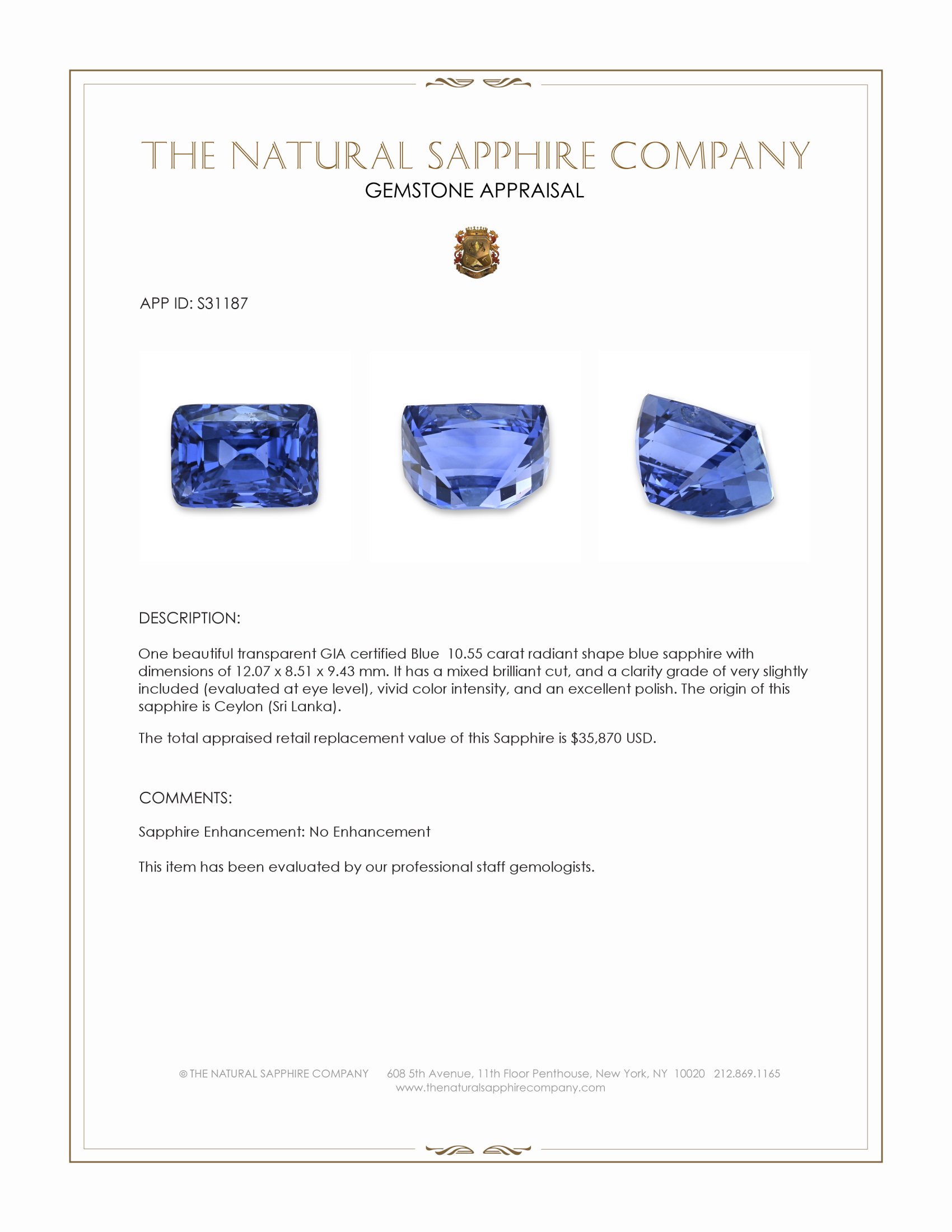 10.55 Ct. Blue Sapphire from Ceylon (Sri Lanka)